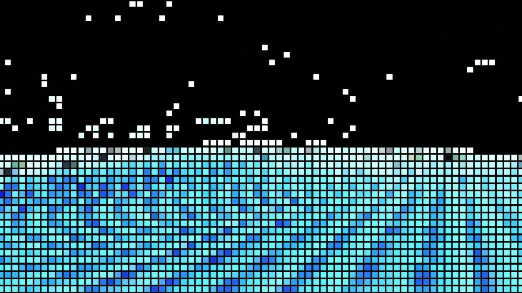 An abstract looping video featuring an animated pixelated mosaic pattern with shades of blue, white, and green squares, creating a striking contrast within a structured grid design.