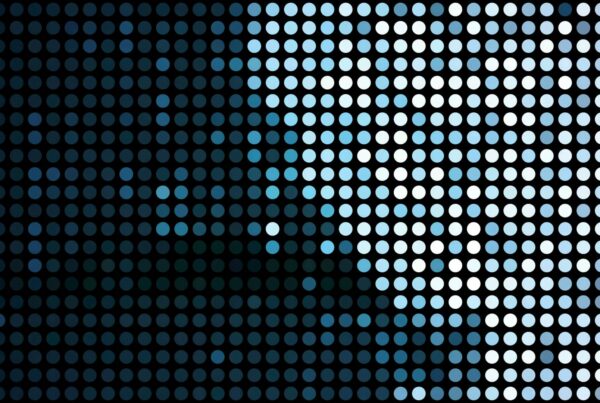 Abstract video loop animation featuring a grid of blue and aqua dots on a dark background, creating a vibrant gradient pattern with alternating color intensities.