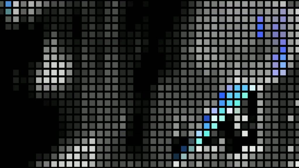 Abstract HD video loop pixel art with a monochrome grid interspersed with vibrant blue and purple squares, creating a striking contrast.
