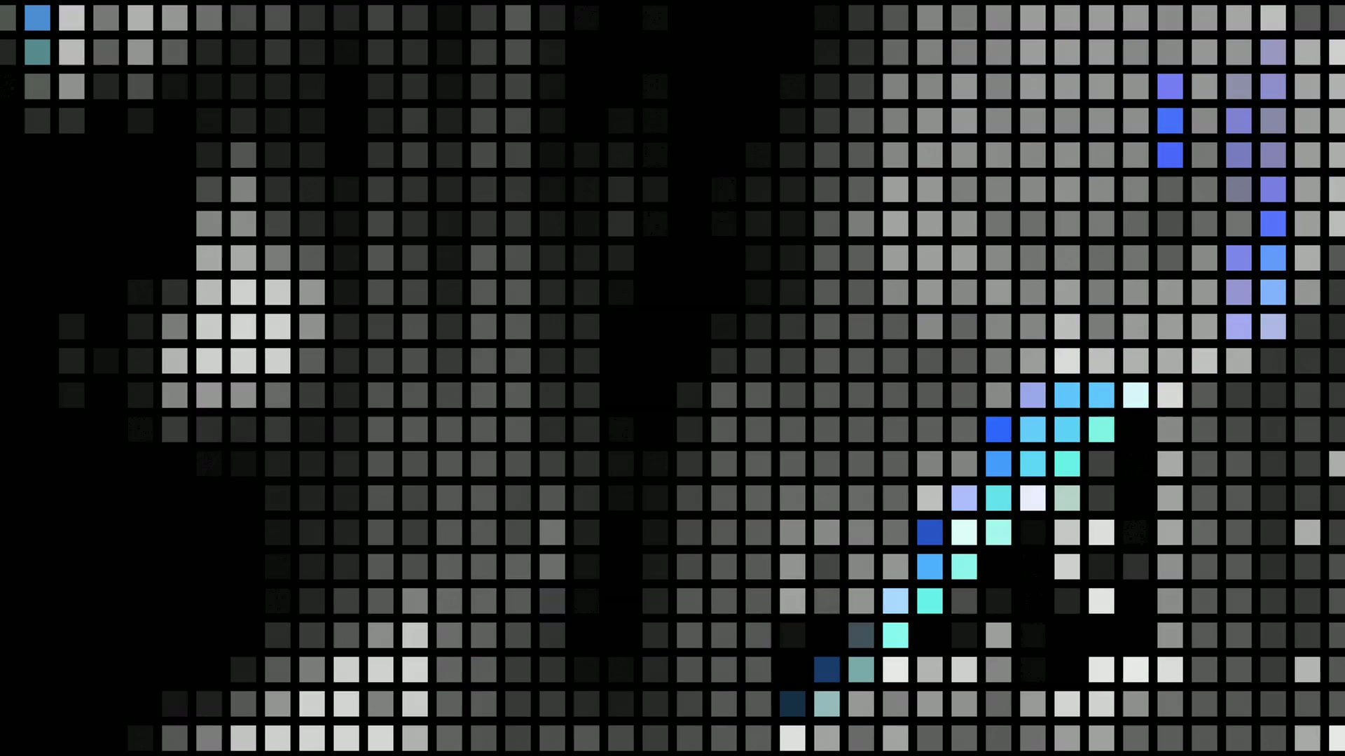 Abstract HD video loop pixel art with a monochrome grid interspersed with vibrant blue and purple squares, creating a striking contrast.