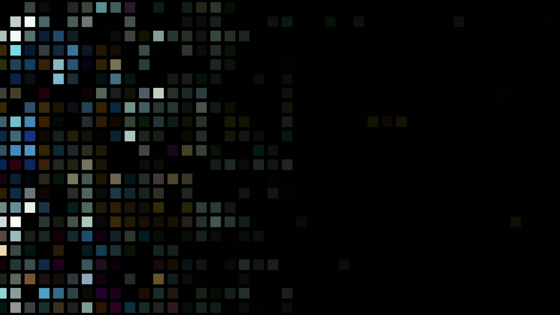 Abstract video loop of multicolored squares on a black background forming a dynamic mosaic pattern.