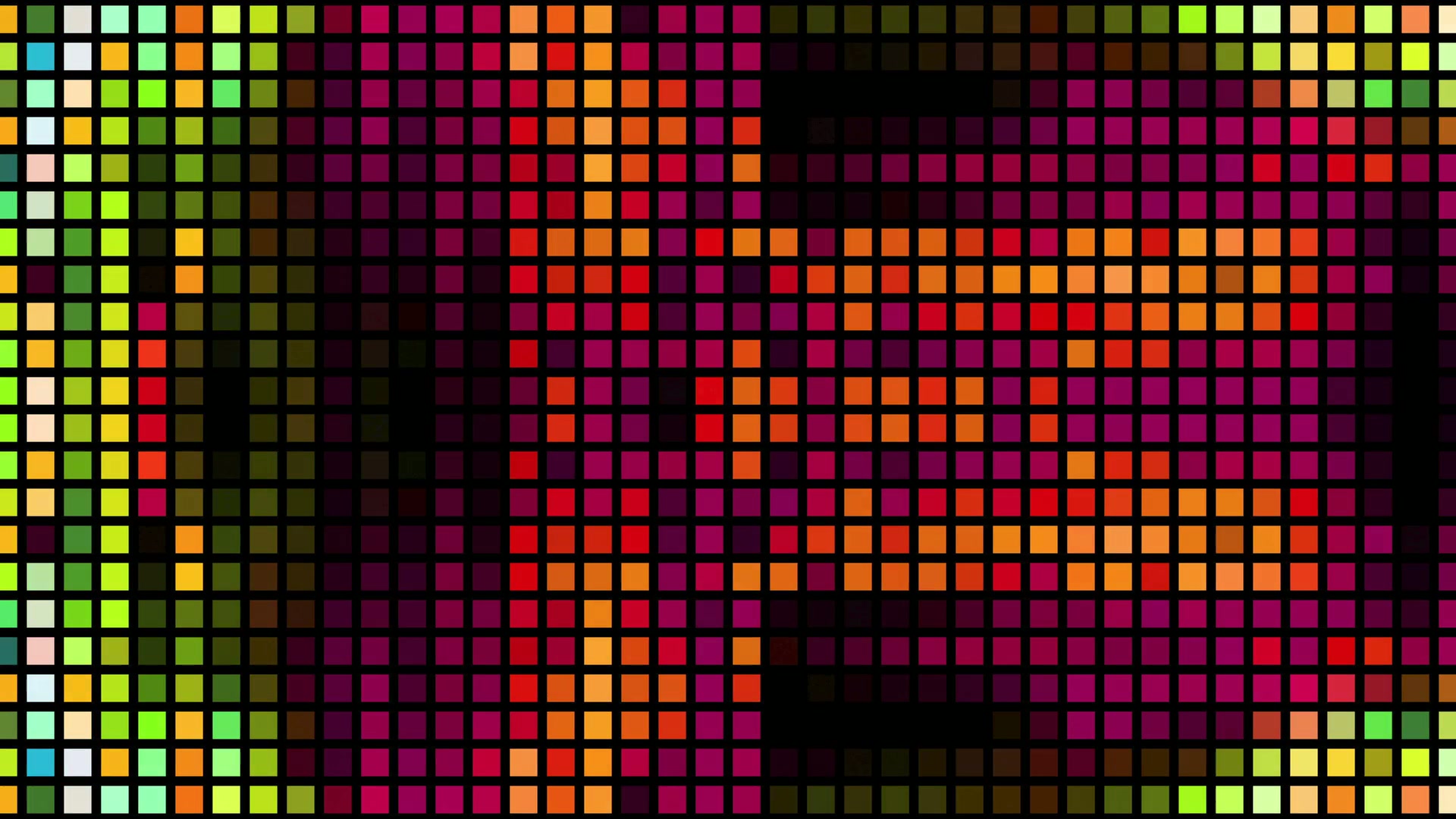 A vibrant geometric design featuring a grid of colorful pixels in shades of neon green, cyan, yellow, magenta, and orange, contrasted with black blocks to create a striking abstract pattern.