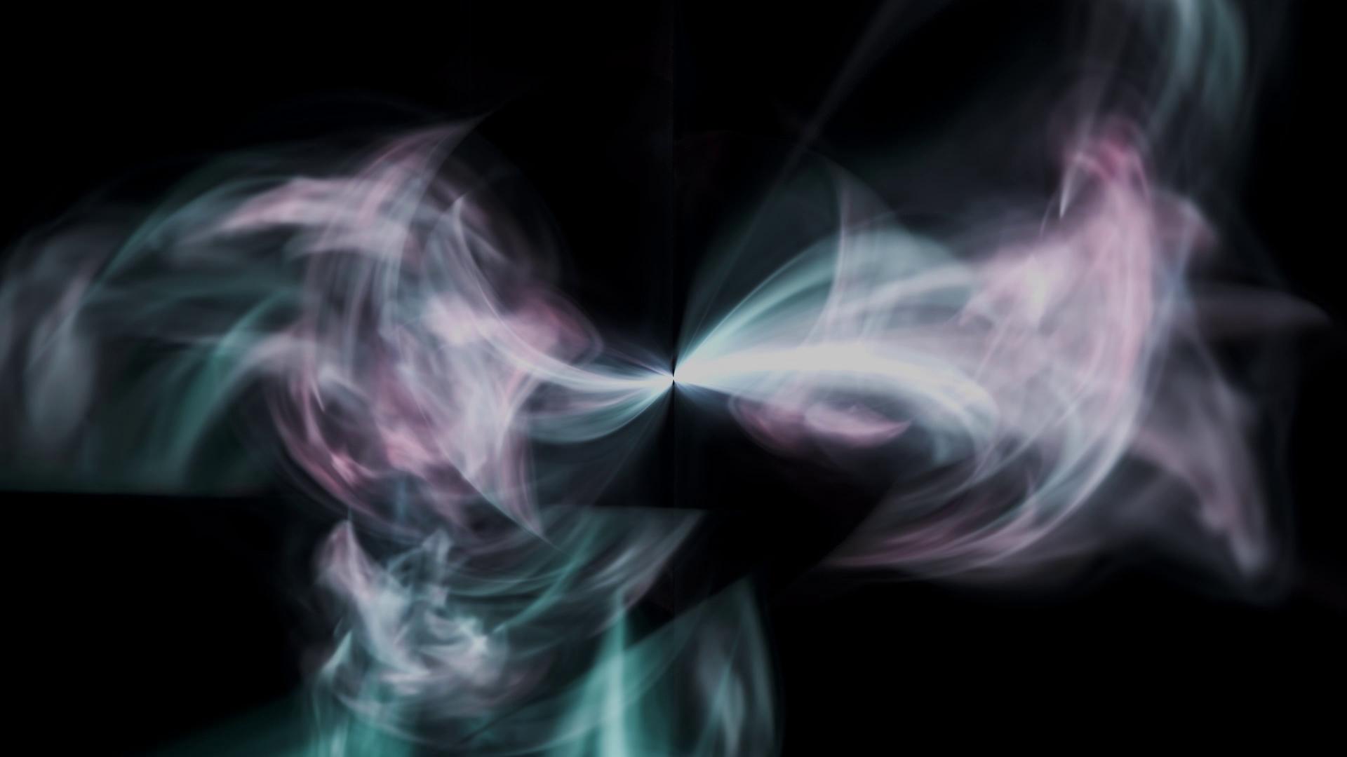 Abstract fractal swirls glow softly in dark void — calming digital artwork perfect for relaxation or background ambiance.