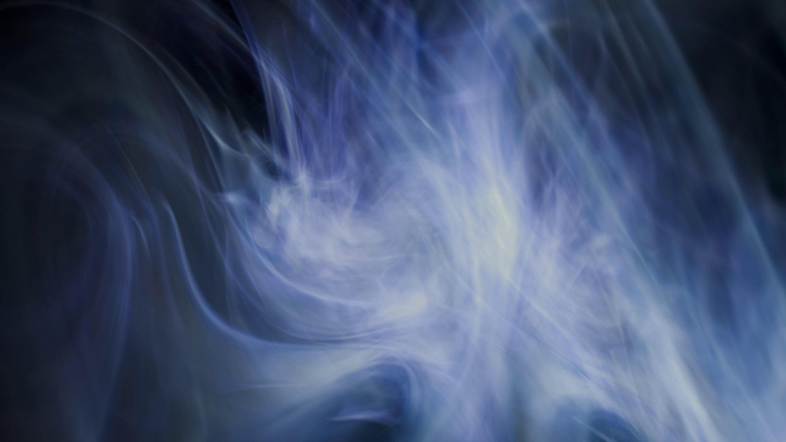 4K looping video of abstract blue-white smoke swirls against dark video background, glowing softly with mystical aura.