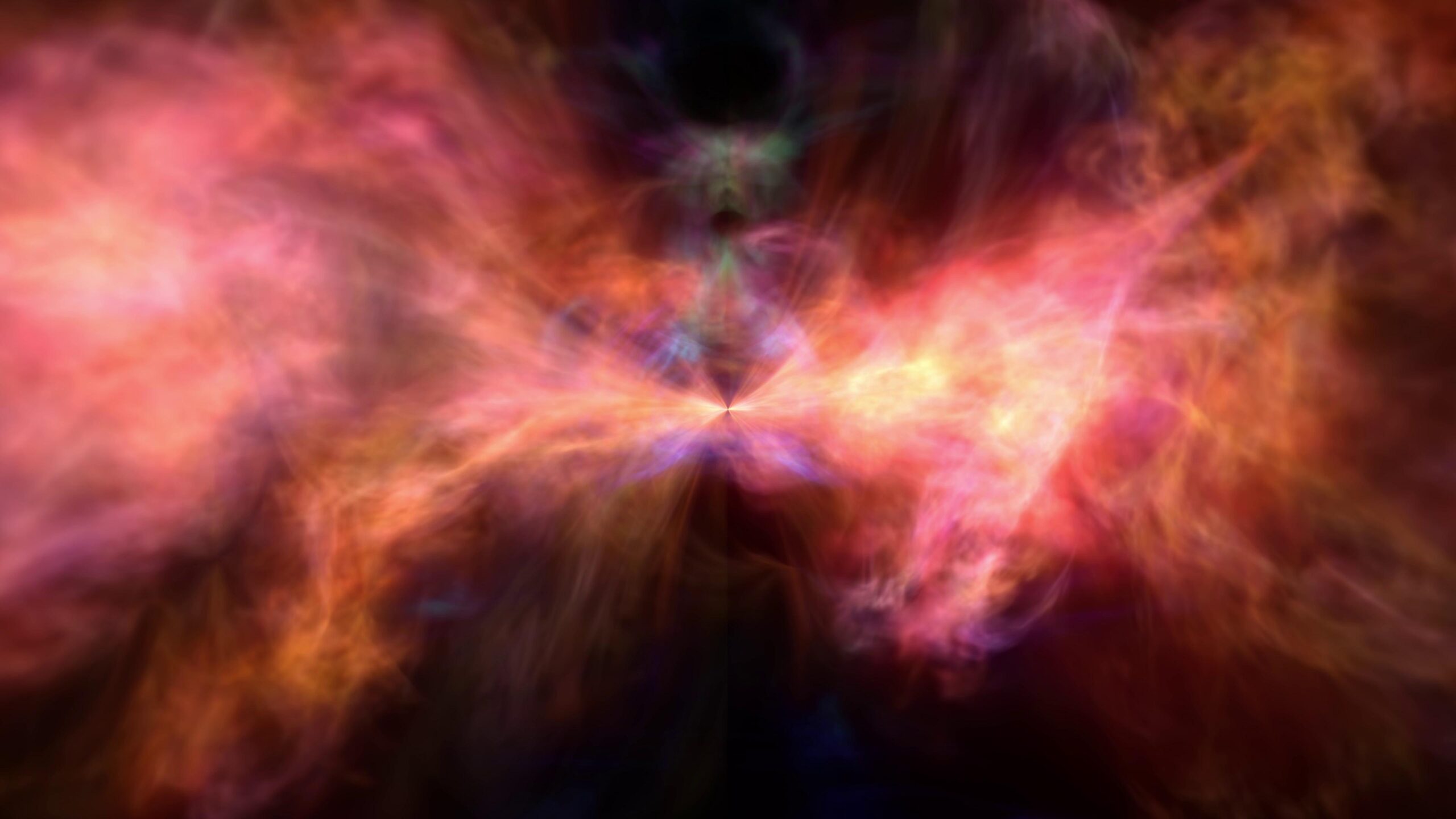 Abstract fractal galaxy swirls glowing multicolored vortexes rotating symmetrically inward toward centerpoint.