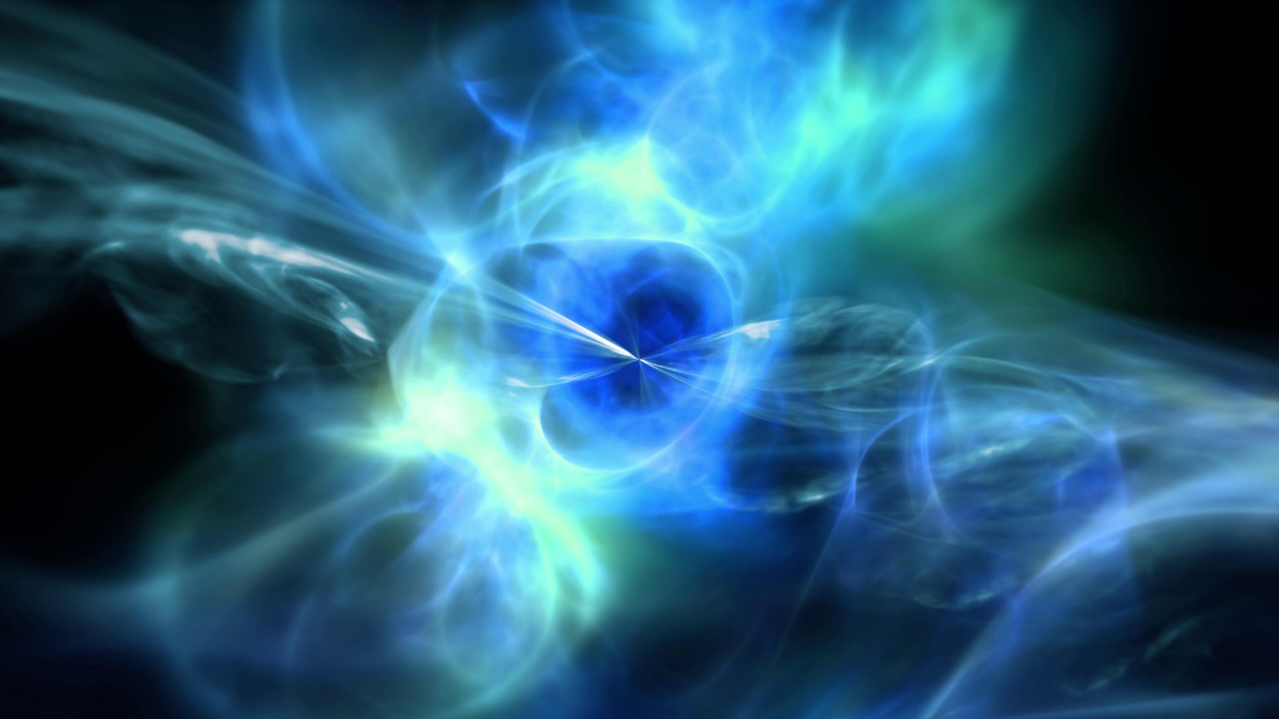 A vibrant 4K video loop fractal explosion radiates bright blues, whites, and purples amid dark space, captivating visuals evoke celestial wonder.