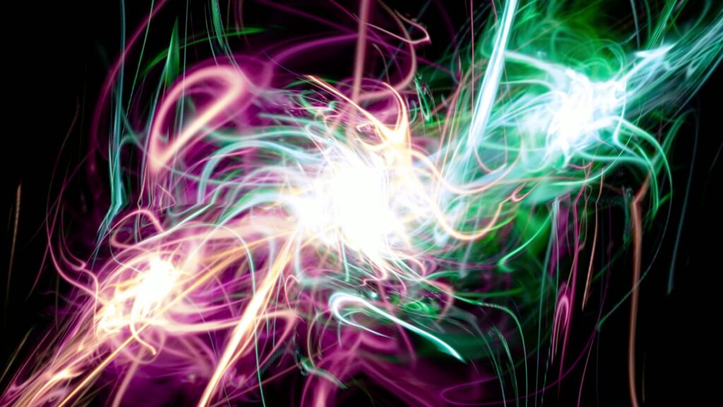 Abstract video loop featuring a vibrant swirl of pink, green, and blue lights spiraling around a bright white burst, set against a dark background, evoking a dynamic and energetic explosion of color.