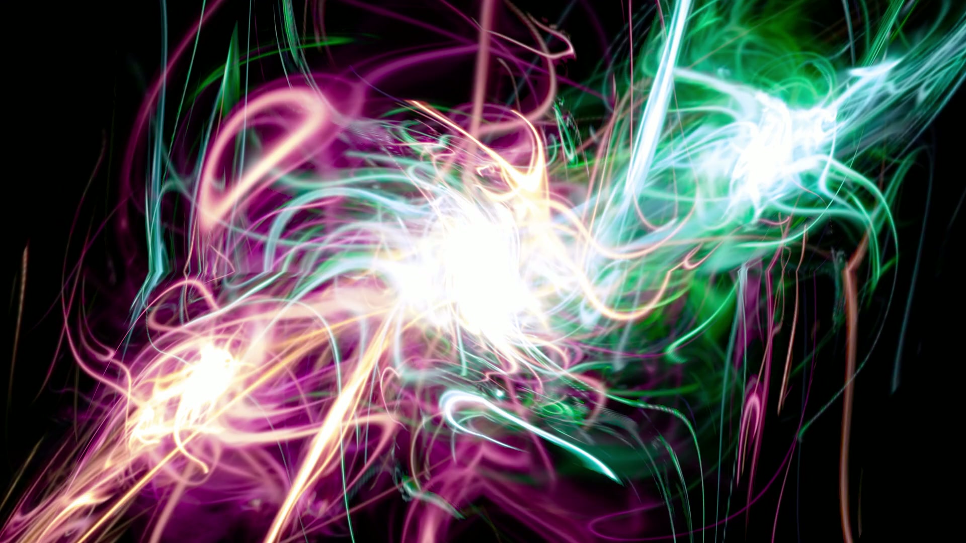 Abstract video loop featuring a vibrant swirl of pink, green, and blue lights spiraling around a bright white burst, set against a dark background, evoking a dynamic and energetic explosion of color.