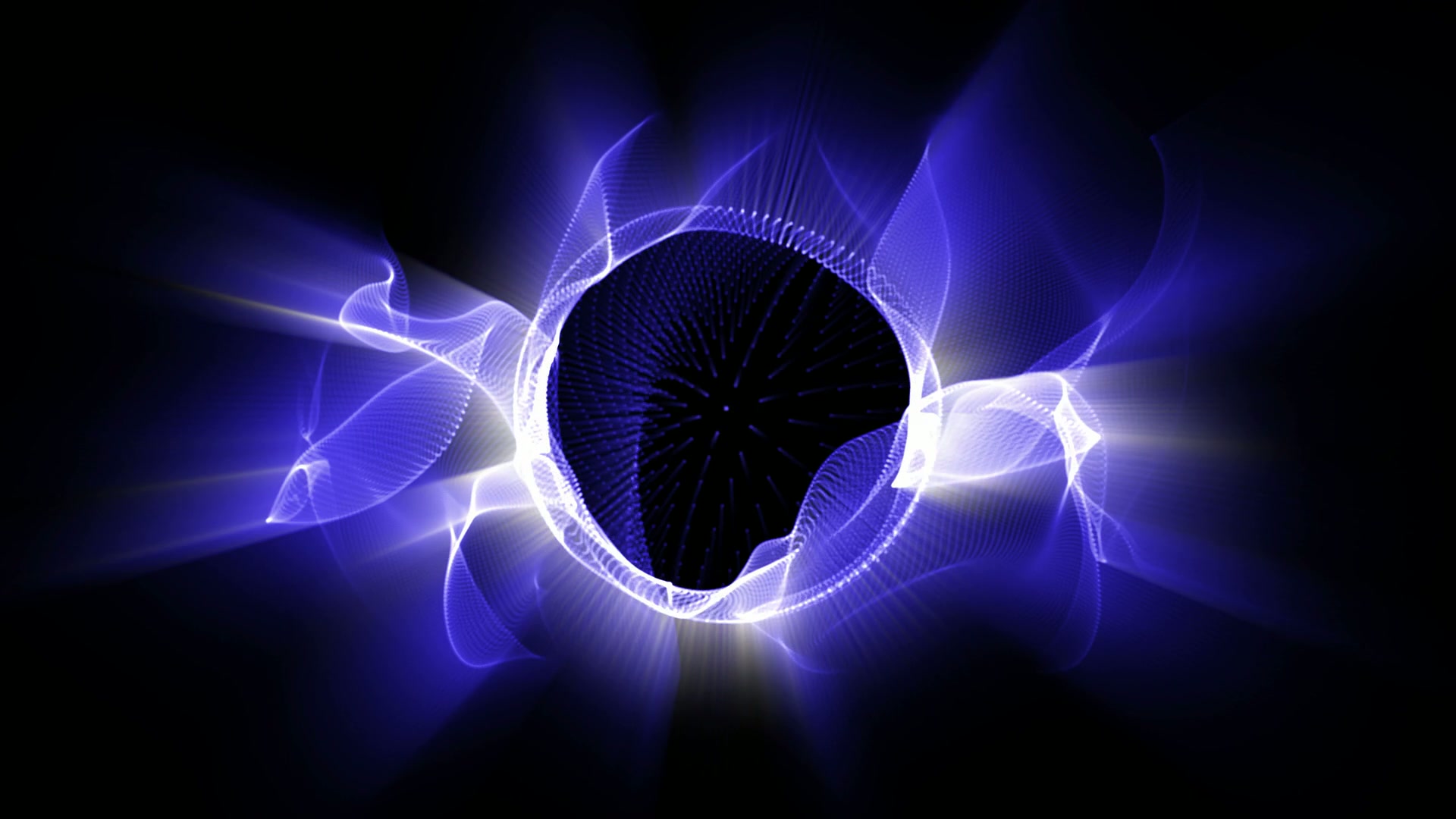 Abstract video loop of swirling blue and white light patterns radiating from a central black sphere against a dark background.