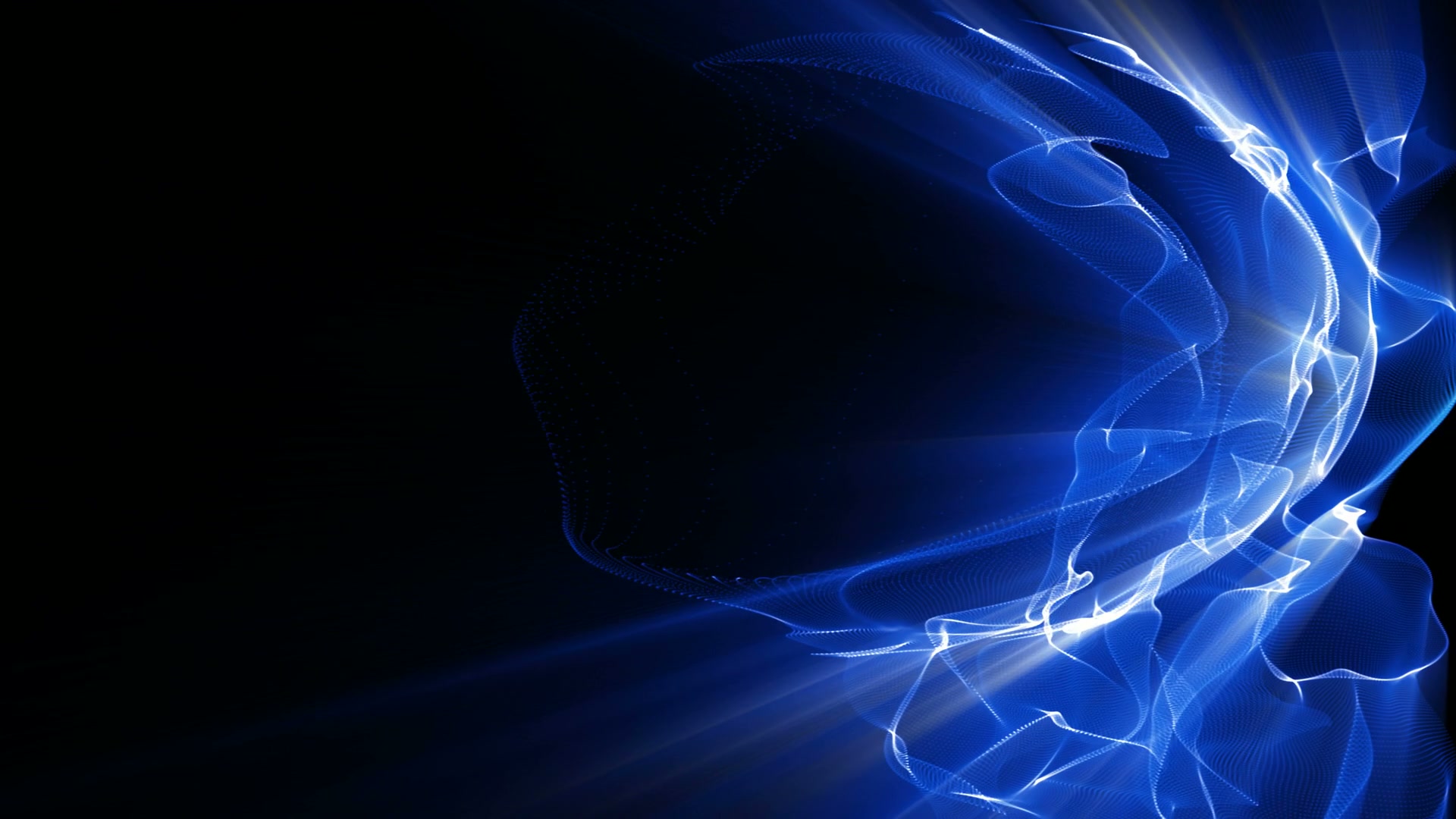 Abstract digital video loop featuring dynamic swirling blue light patterns on a black background, creating a vibrant and fluid video background.