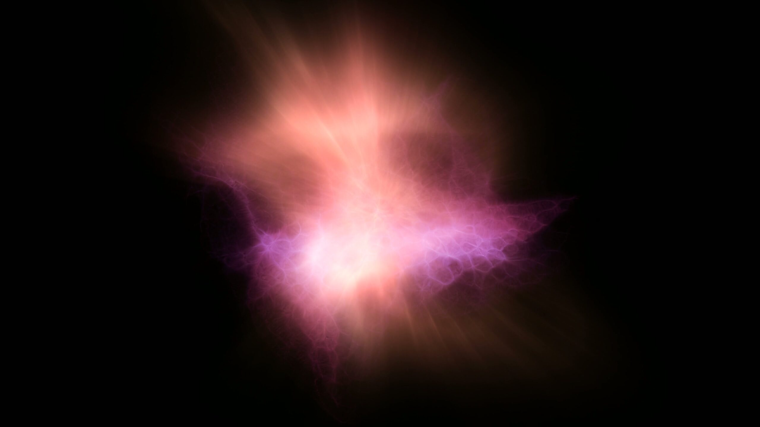 Abstract burst of pink and purple light resembling a cosmic phenomenon against a dark video backdrop.