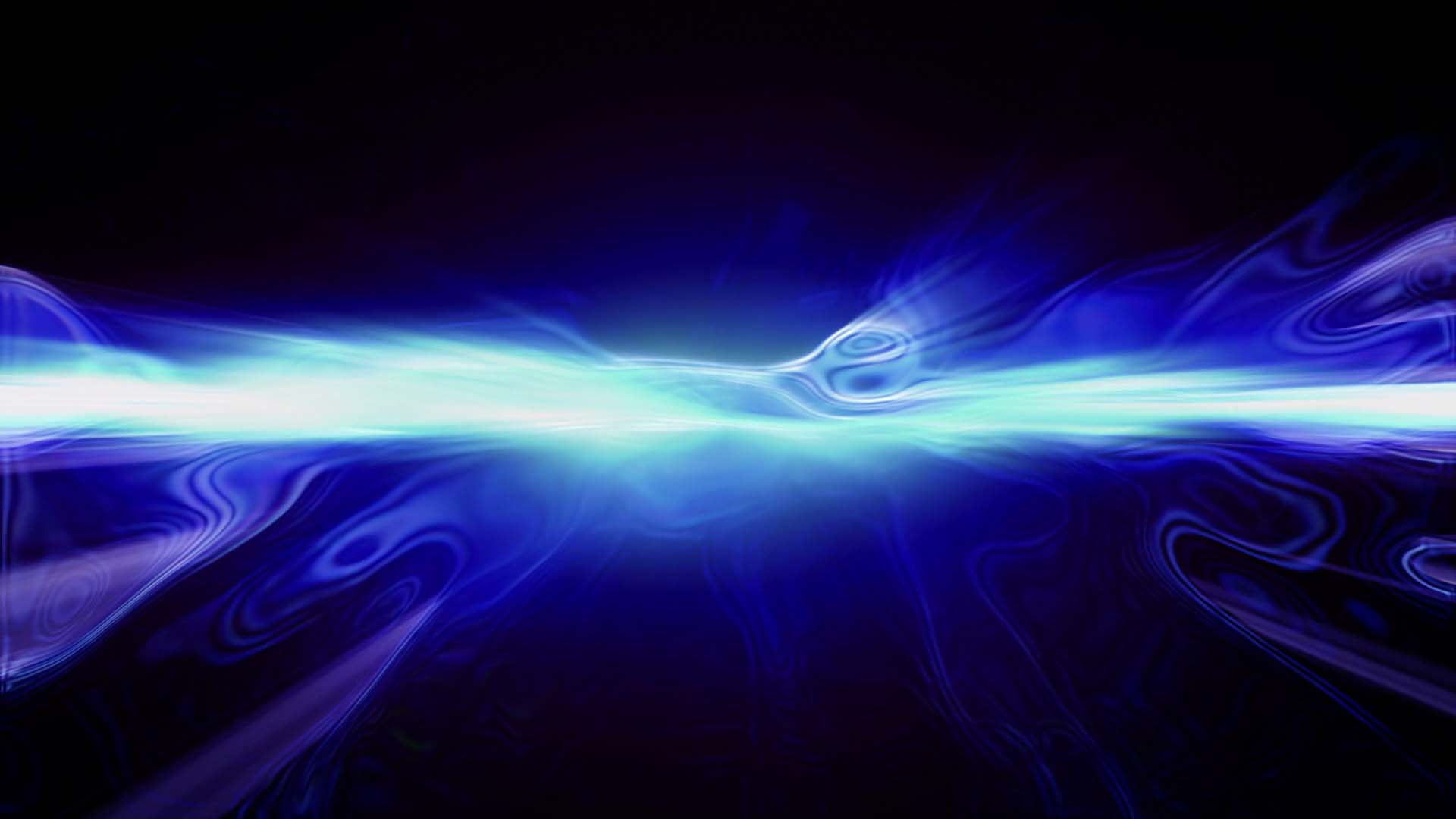 Abstract video loop of a glowing blue light wave flowing horizontally across a dark background, creating a dynamic and ethereal atmosphere.