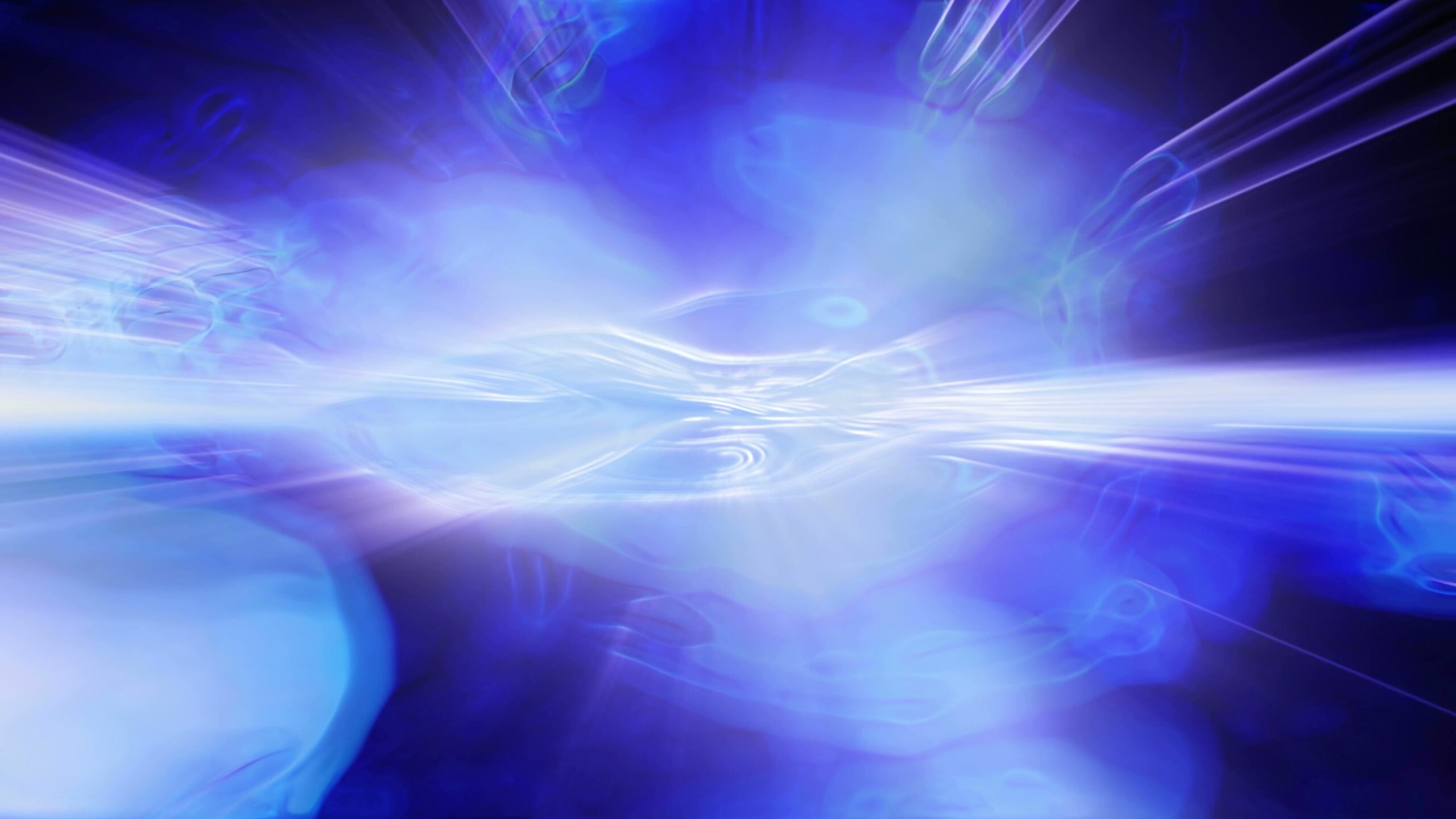 Abstract 4K video loop of blue energy waves and light streaks creating a glowing effect with fluid motion.
