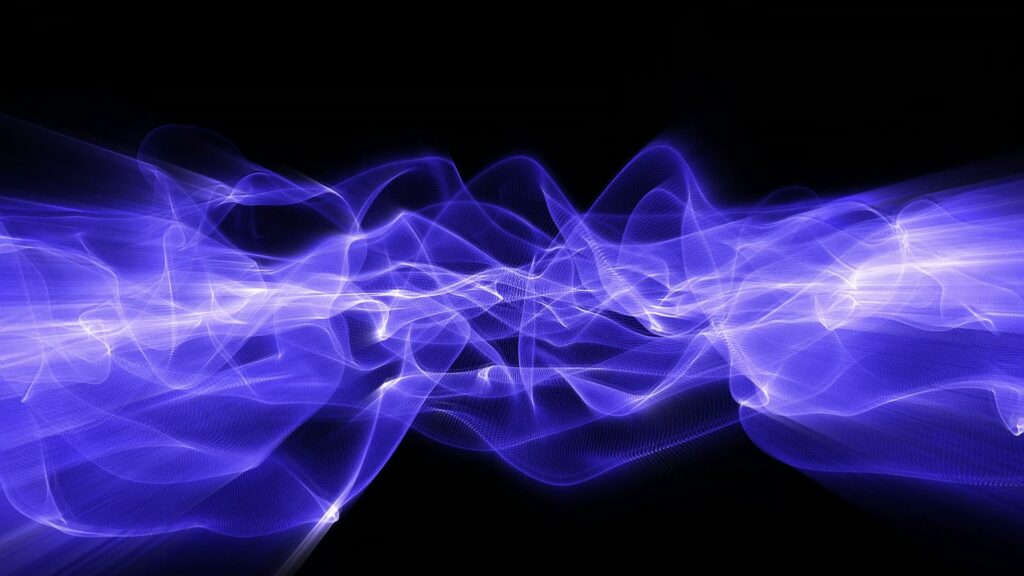 Abstract video loop animation featuring luminous purple and blue flowing lines against a black background, creating a dynamic and ethereal display of light and energy.