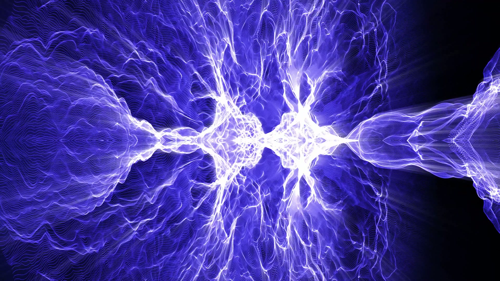 Abstract looping video of electric blue plasma patterns with luminous tendrils emanating from a central point, set against a dark video background.
