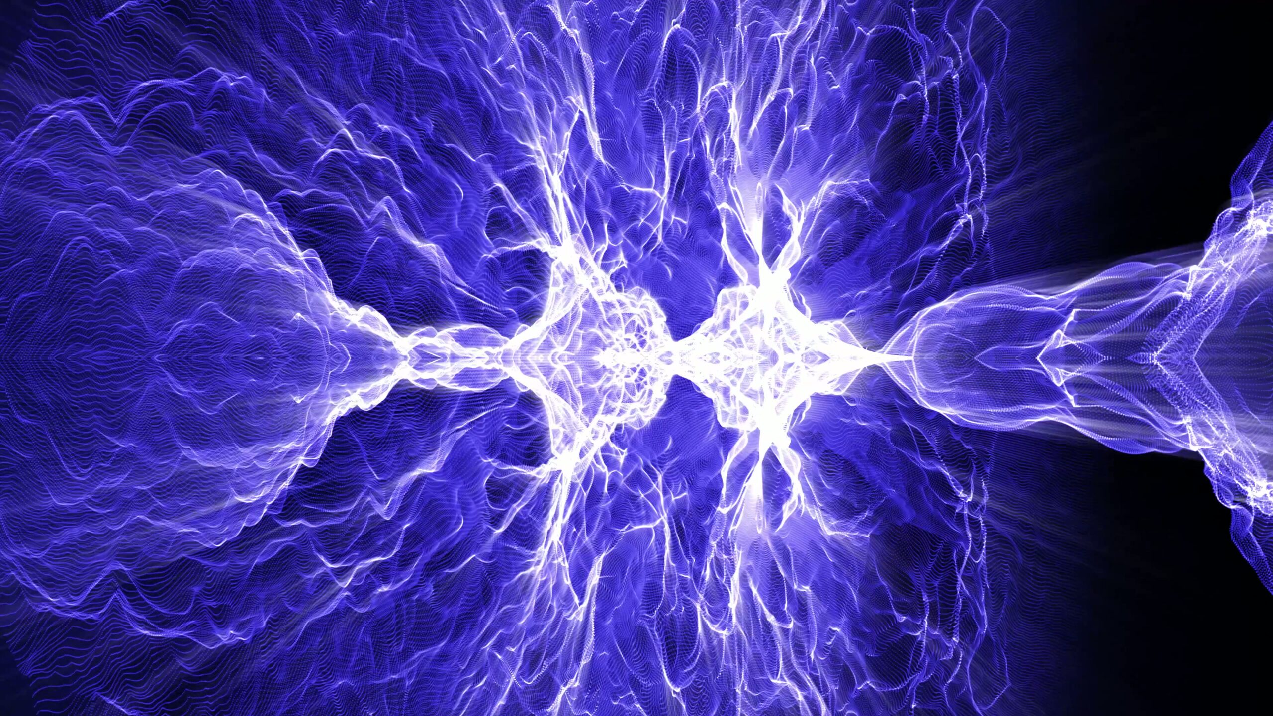 4K video loop of electric blue plasma waves emanating from a central point, showcasing dynamic swirling patterns and contrasting colors.