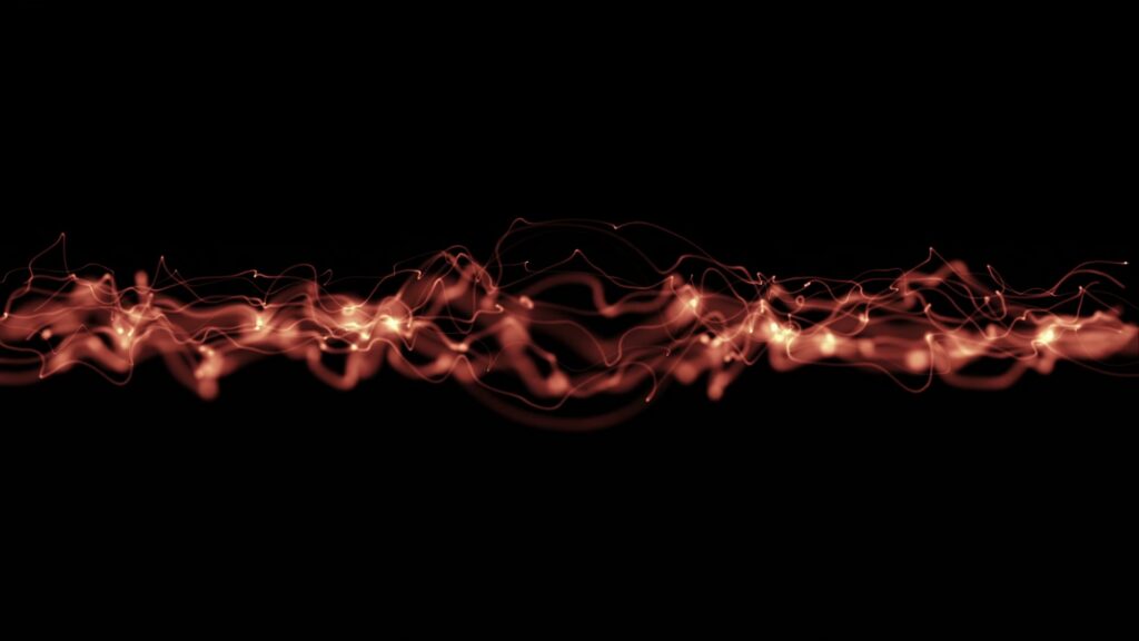 Abstract digital animation loop featuring a red-orange energy wave pattern on a dark background, showcasing vibrant glowing lines and a sense of dynamic motion.