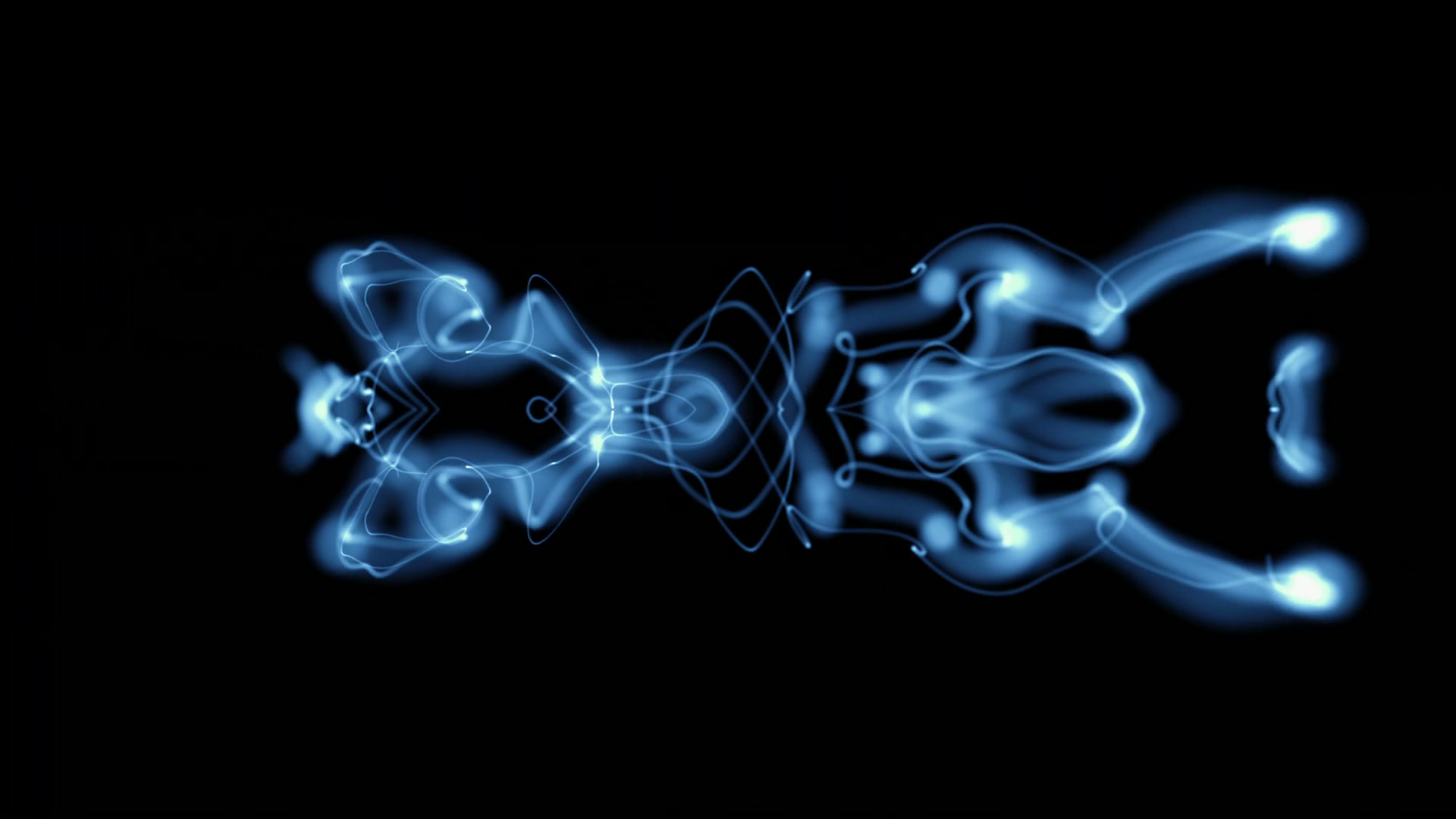 Abstract video loop with glowing blue symmetrical patterns against a black background, creating a luminous and futuristic visual effect.
