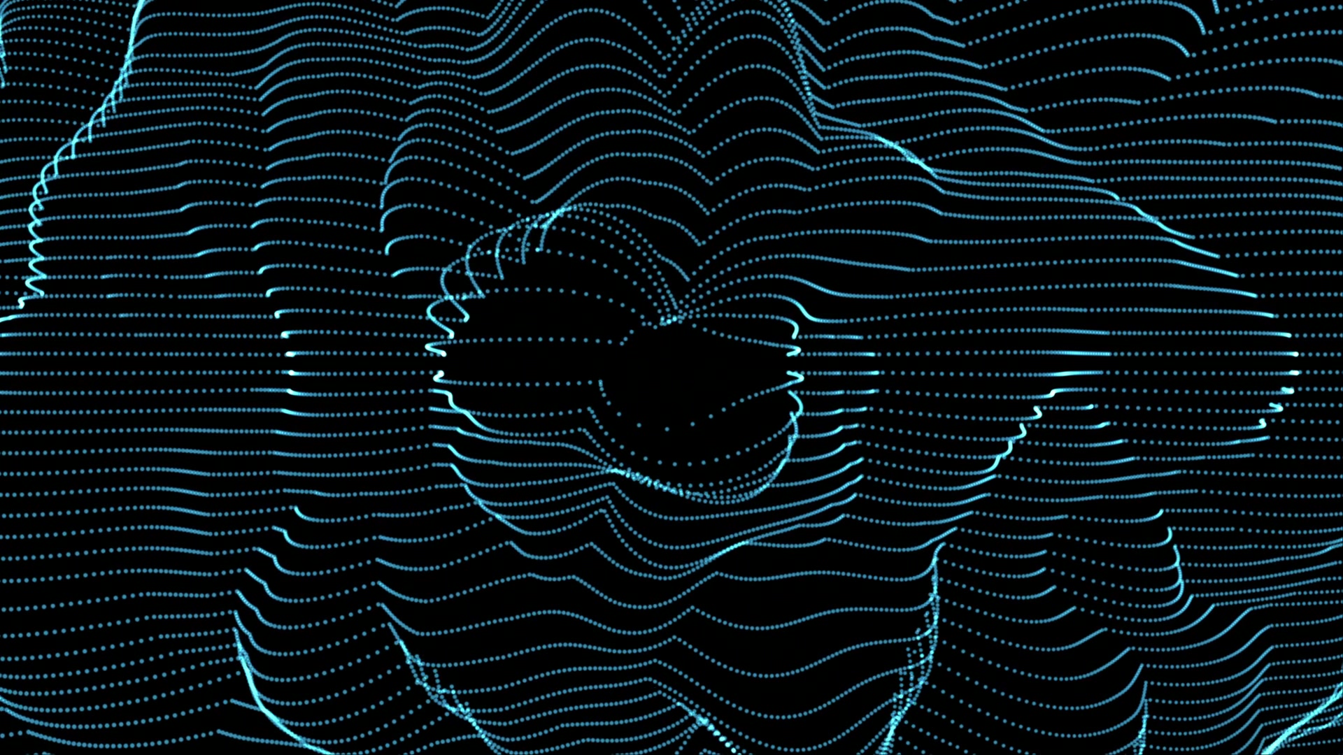 Abstract digital video loop featuring smooth waves of blue lines and dots on a black background, creating a dynamic and futuristic landscape pattern.