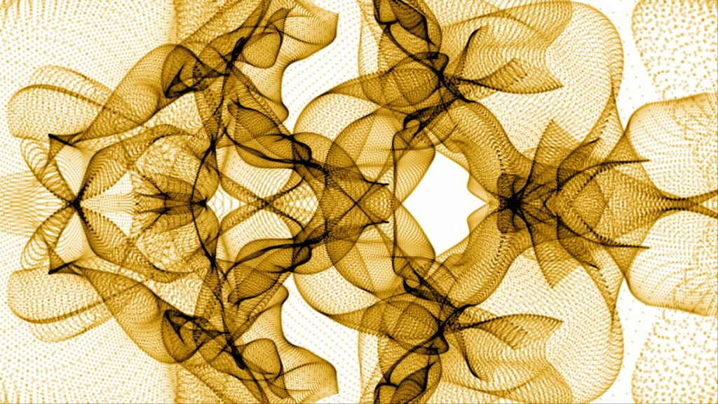 An intricate abstract video loop featuring intertwined golden lines creating symmetrical patterns against a light background, resembling organic shapes such as flowers and leaves.