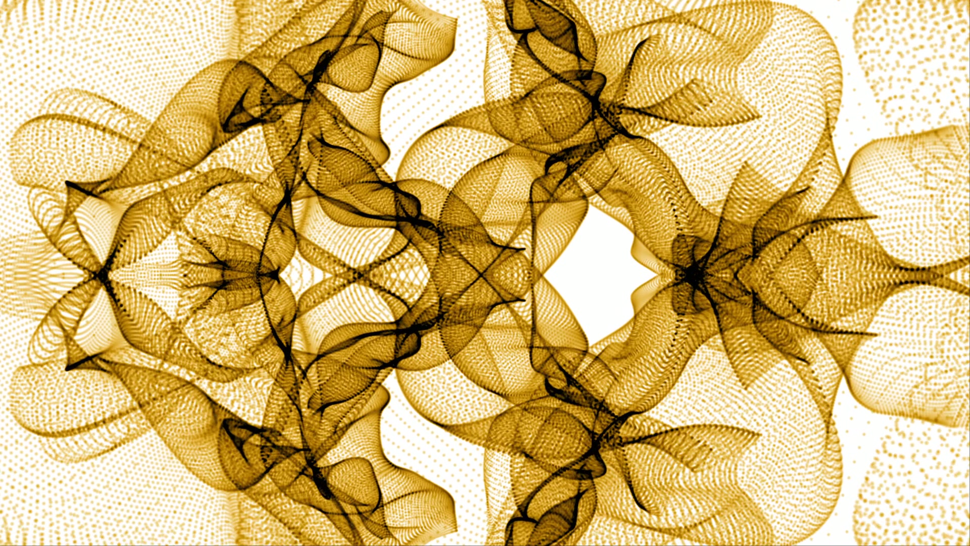 An intricate abstract video loop featuring intertwined golden lines creating symmetrical patterns against a light background, resembling organic shapes such as flowers and leaves.