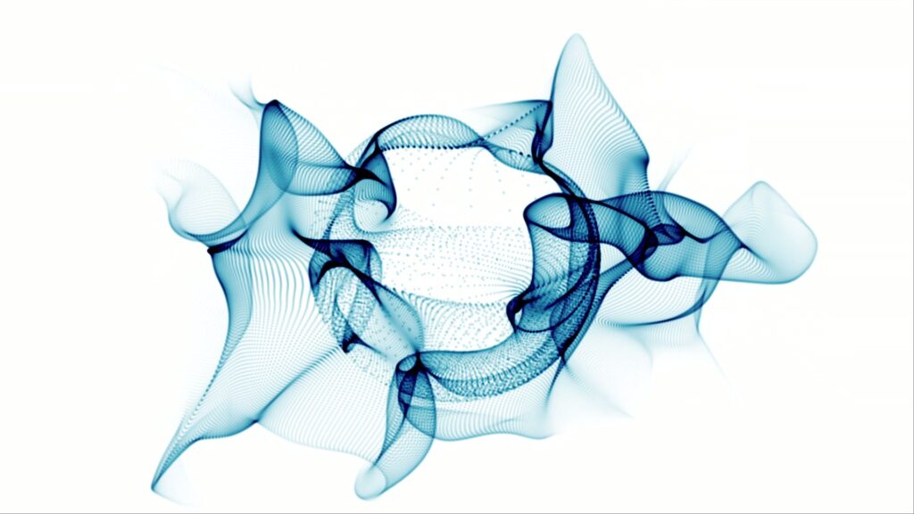 Abstract digital video loop art featuring intricate blue swirls and shapes against a white background, creating a dynamic and ethereal visual effect.