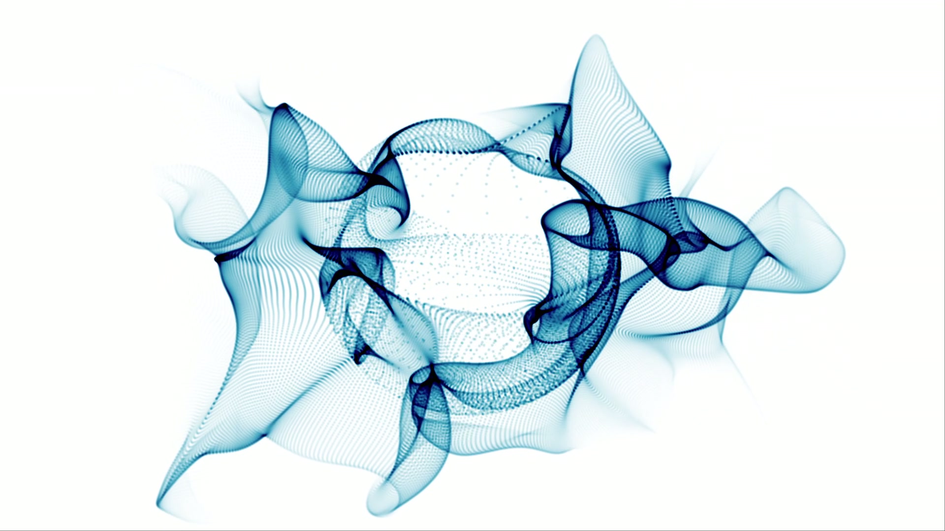 Abstract digital video loop art featuring intricate blue swirls and shapes against a white background, creating a dynamic and ethereal visual effect.