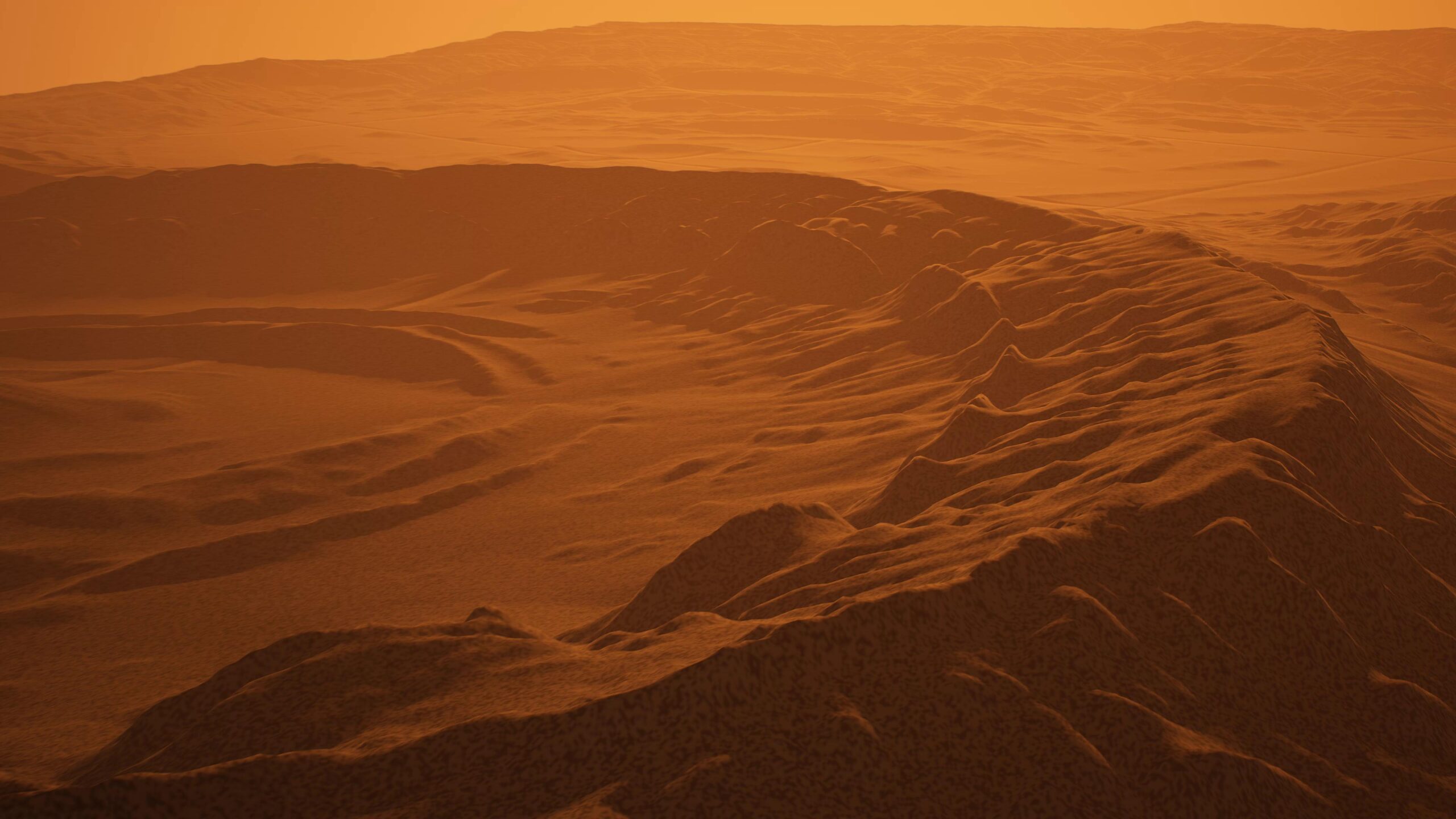 Stunning aerial view of Mars desert landscapes with golden-orange hues and layered sand dunes stretching toward distant horizons