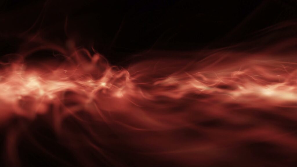 Abstract video loop of swirling fiery strands of reds and oranges against a dark background, resembling dynamic flames or cosmic energy.
