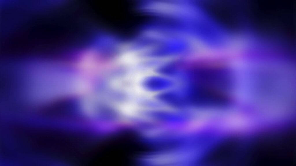 Abstract digital looping video featuring vibrant blue and purple fractal tones with a glowing white center, resembling ethereal energy or aurora, creating a fluid and symmetrical animation.