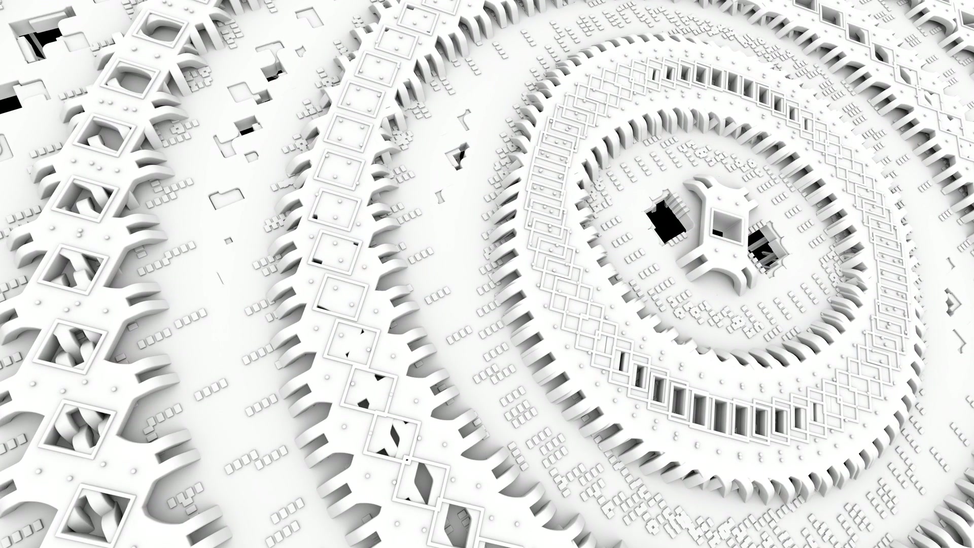Intricate white 3D abstract video loop featuring concentric geometric patterns with squares and circles, creating a symmetrical and futuristic visual.