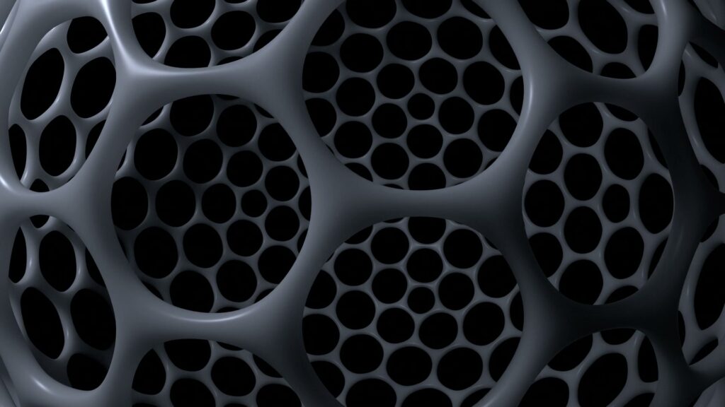 Abstract video loop of a dark honeycomb structure featuring a sleek, interconnected design with circular nodes, set against a contrasting black background for a modern, futuristic aesthetic.
