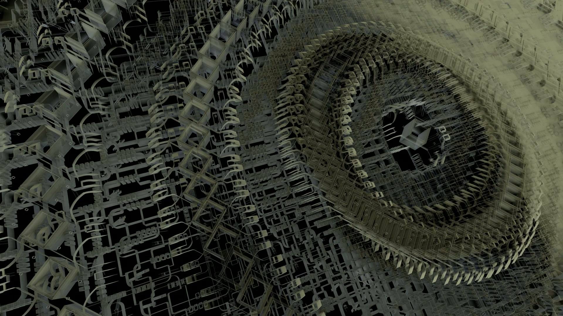Intricate geometric abstract video loop with metallic interwoven nanotechnology elements forming a spiraling pattern, featuring grid-like shapes and a muted color palette of grays and greens.