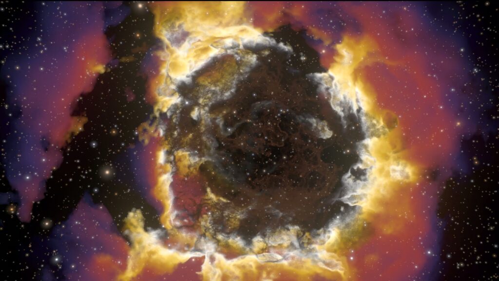 A vibrant 3D animation of a colorful nebula in deep space, with bright yellow, orange, and purple hues surrounding a dark central area, scattered with countless stars.