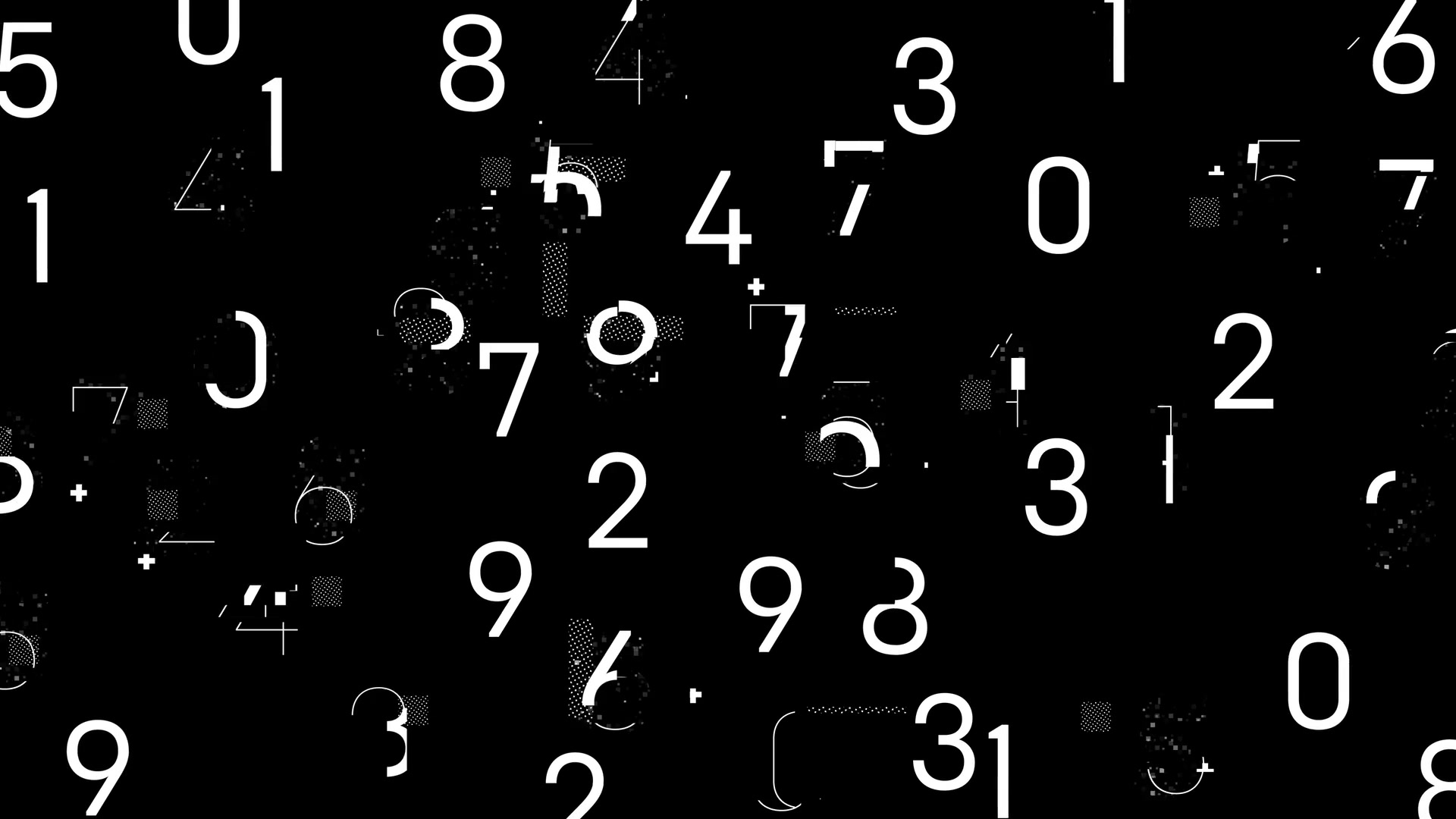 Abstract digital video loop featuring scattered white numbers on a black background with geometric patterns.