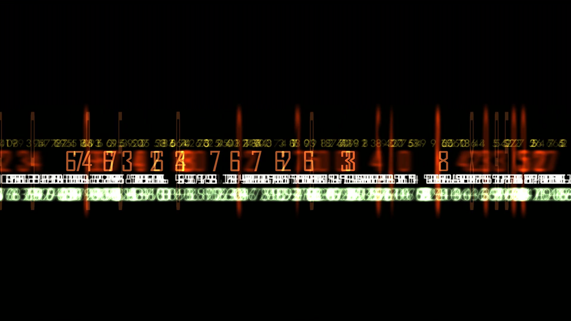 Futuristic digital video loop showcasing a dynamic sequence of orange, green, and yellow numbers on a black background, evoking themes of data processing and cyberspace.