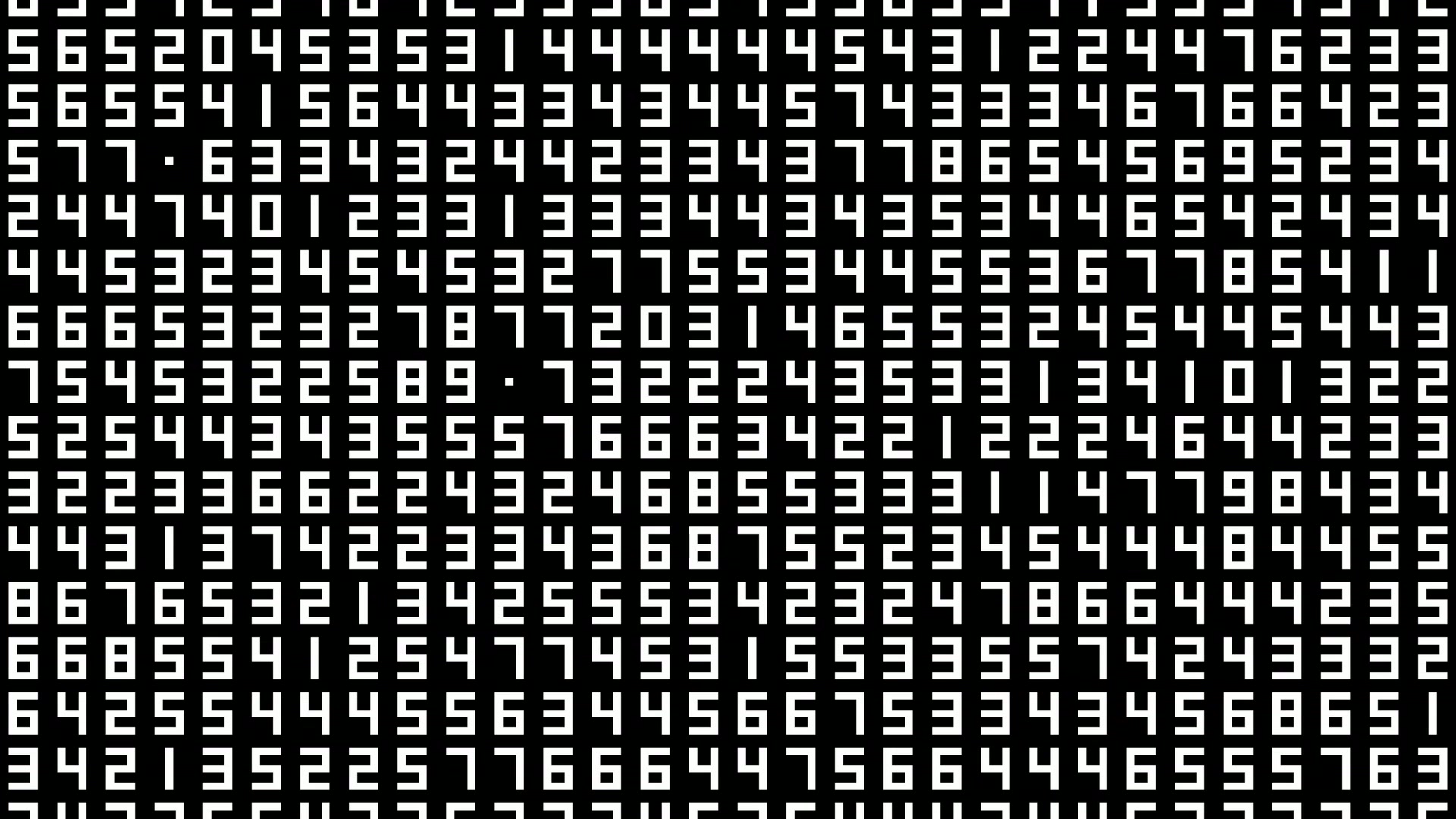 A video loop featuring a grid of white animating digital-style numbers on a black background, showing a complex pattern of numerical arrangement suggestive of mathematical or data structures.