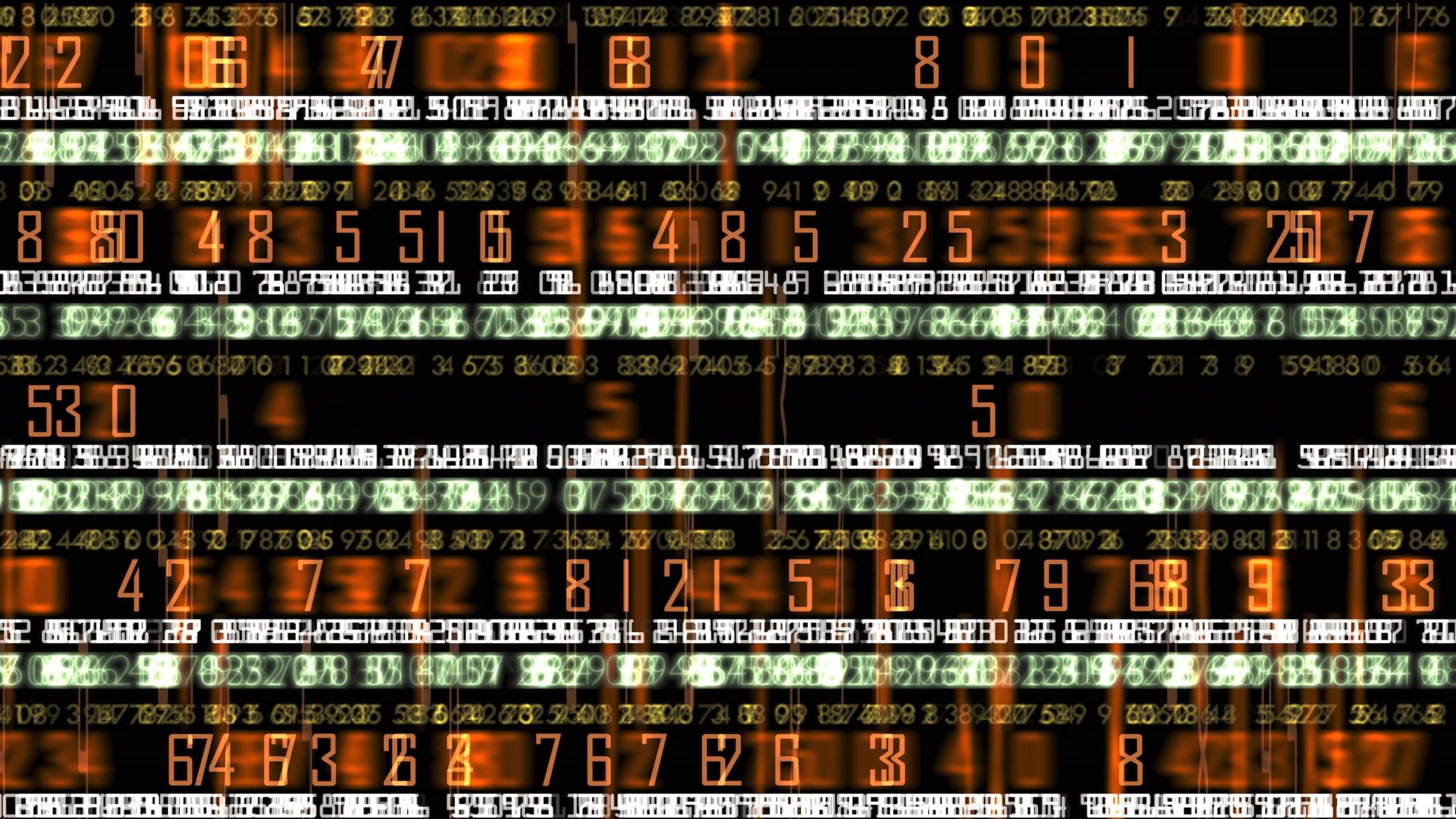 4K video loop of digital numbers on a dark screen displaying a dynamic, high-tech data matrix.