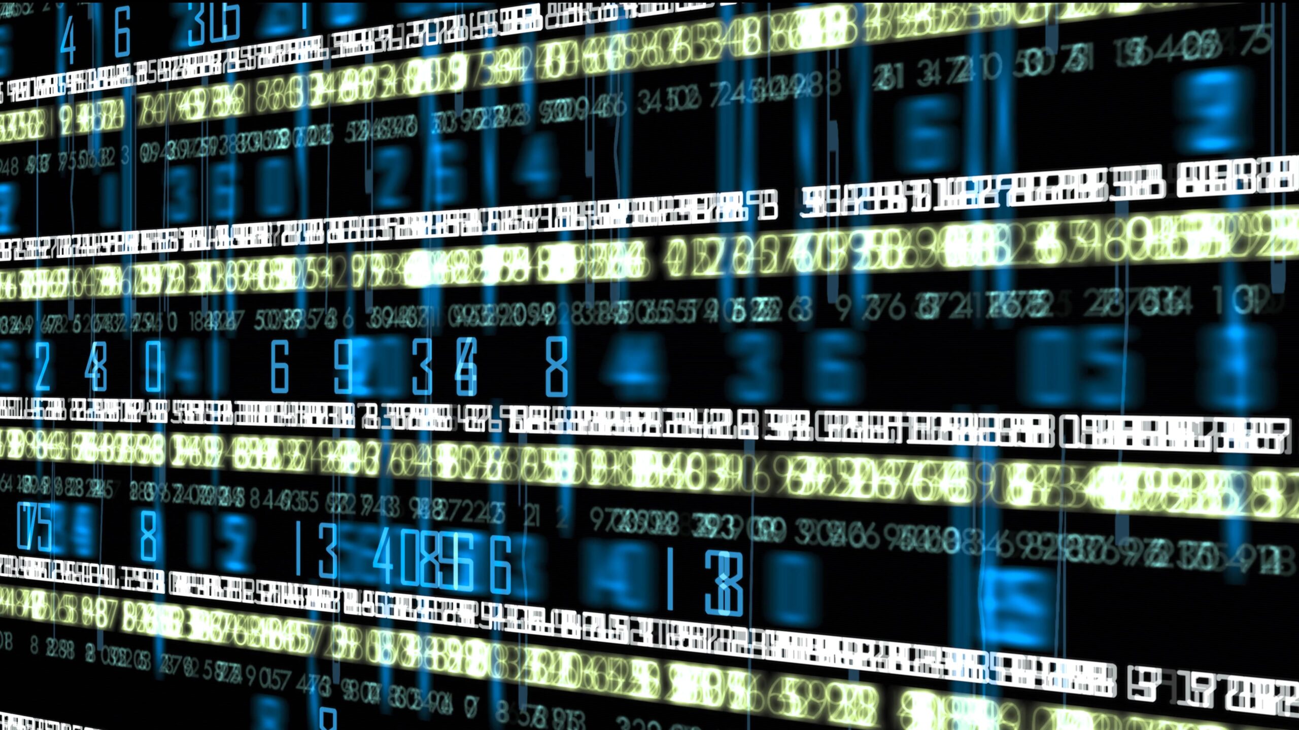 4K video loop of an abstract digital matrix of animating numbers in blue, white, and yellow.
