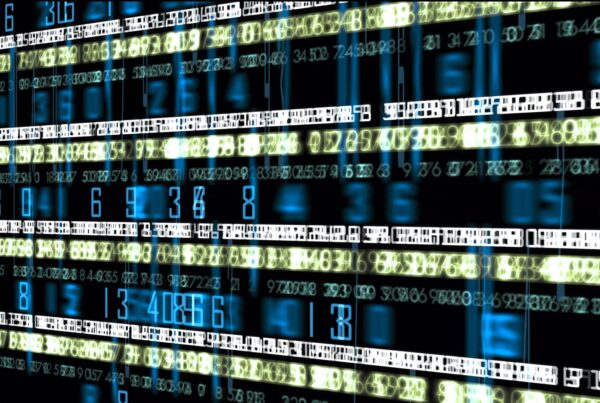 A HD video loop of a dynamic digital display featuring brightly colored blue and yellowish-white numbers in a flowing data stream pattern against a dark background.