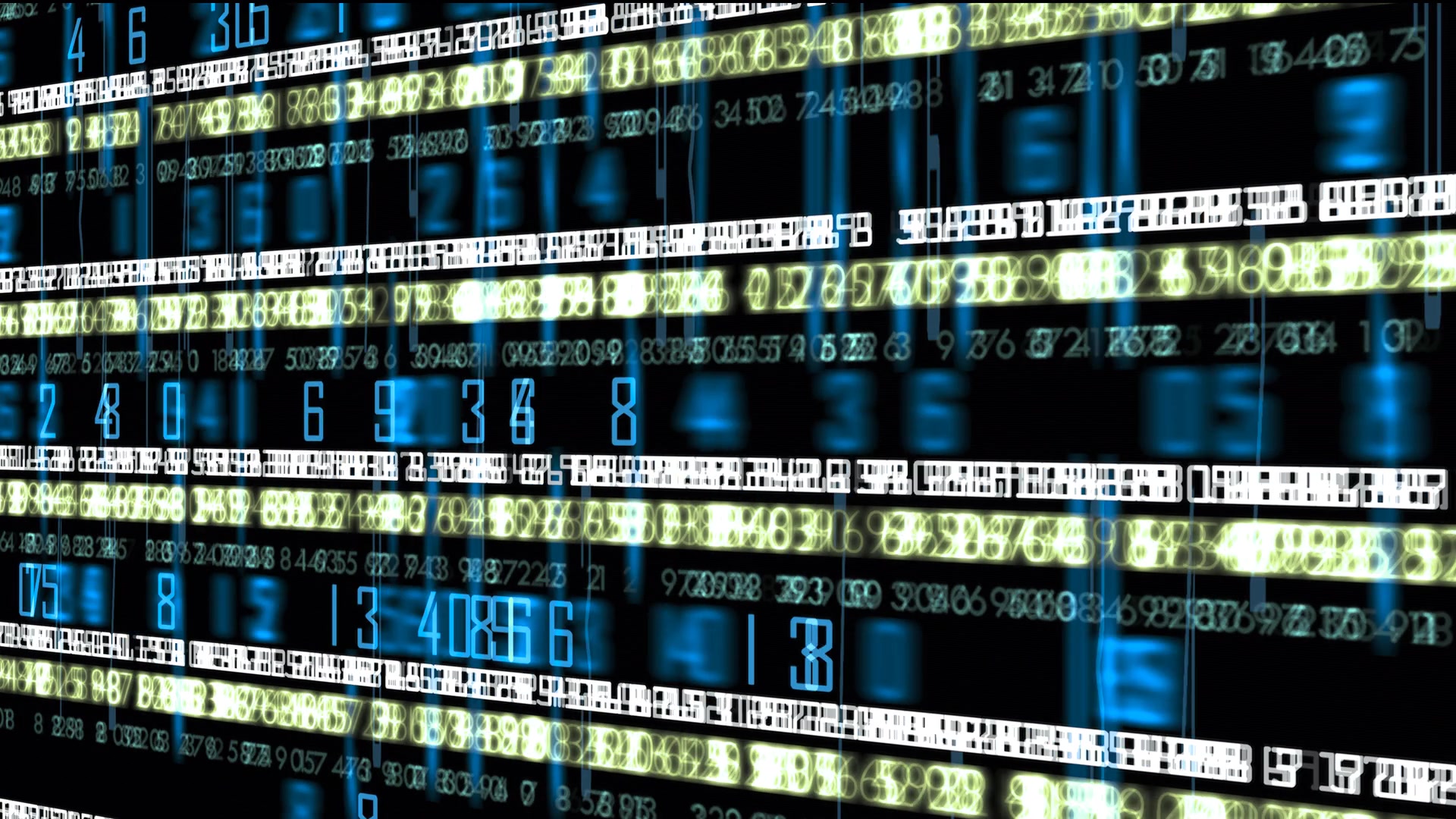 A HD video loop of a dynamic digital display featuring brightly colored blue and yellowish-white numbers in a flowing data stream pattern against a dark background.