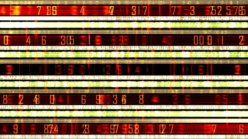 A vibrant abstract HD video loop of red, yellow, and green horizontal bands with glowing numbers, resembling a streaming digital data display.