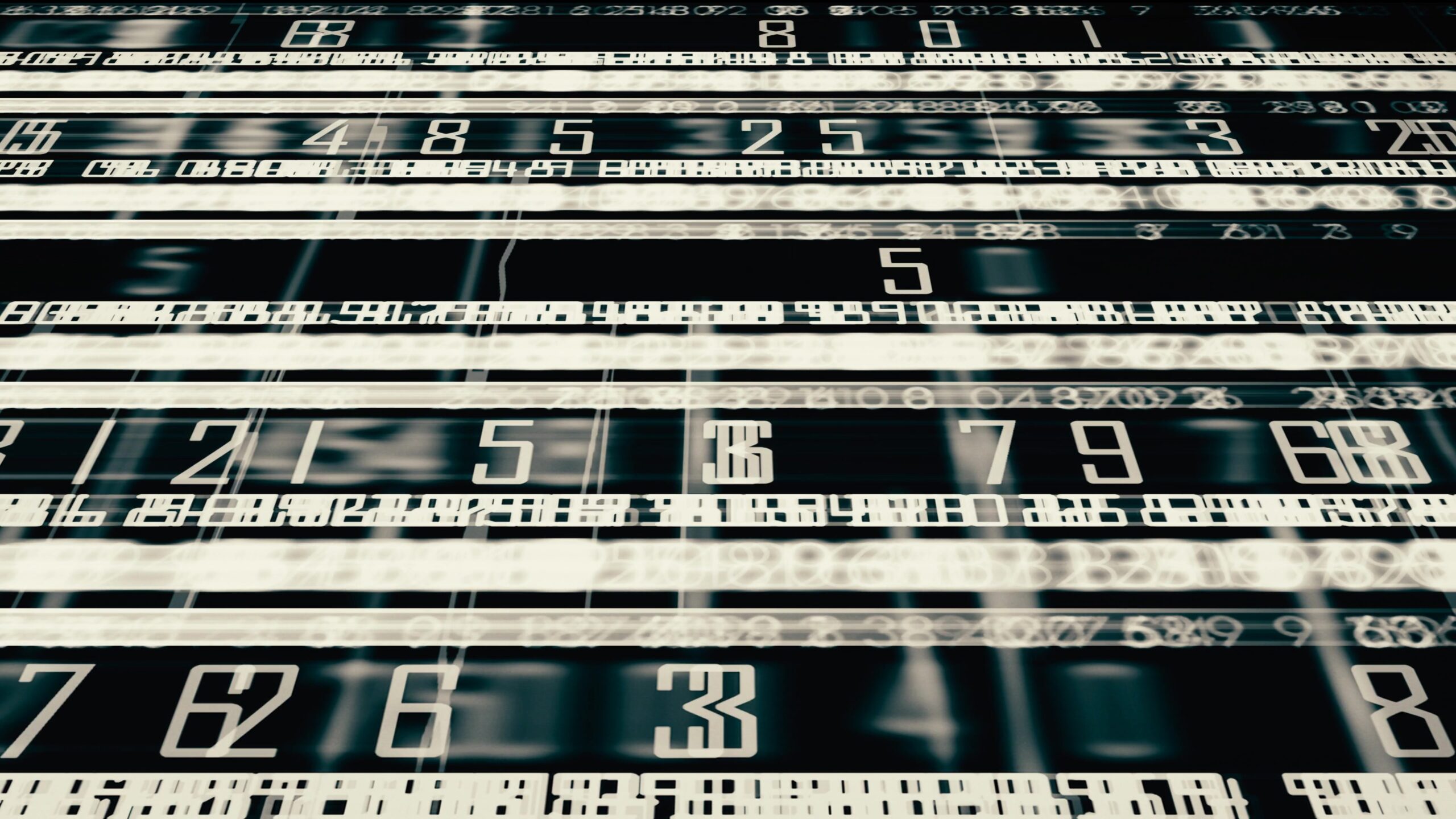 4K video loop of blurry horizontal rows of streaming numbers suggesting fast-paced digital data processing.