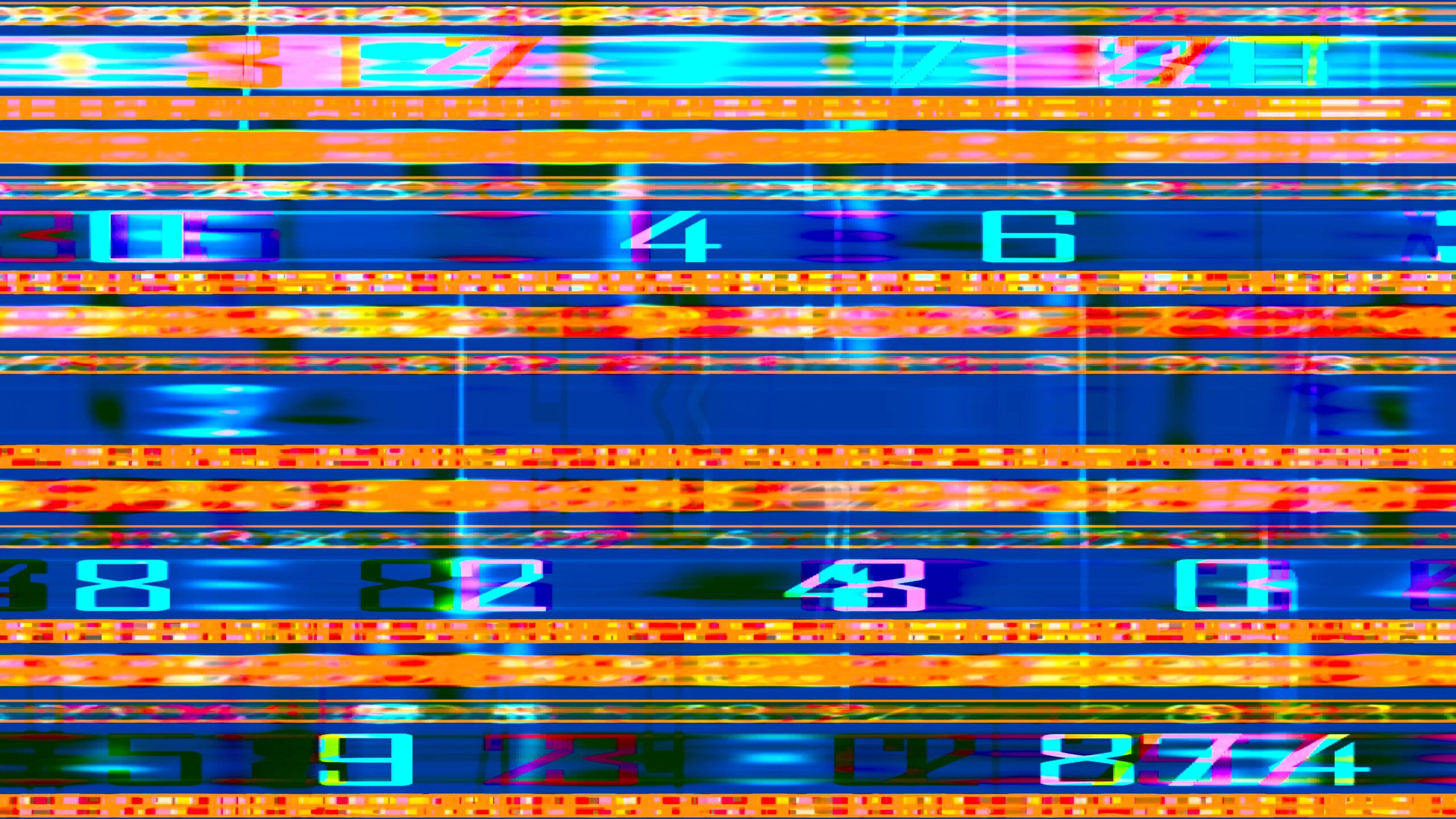 A colorful 4K video loop of digital patterns with bold numbers arranged horizontally against a vibrant backdrop in blue, orange, yellow, and pink hues, creating a retro-futuristic aesthetic.