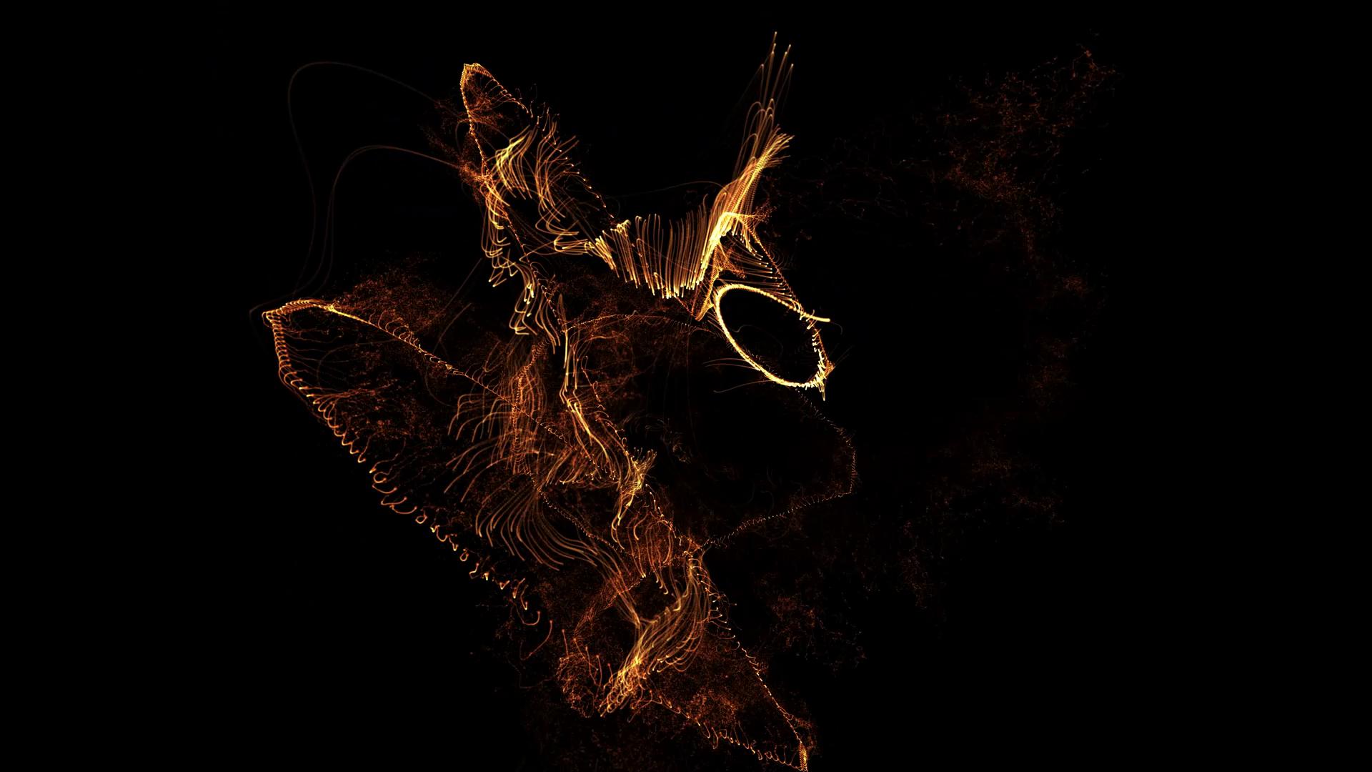 Abstract glowing orange particle art swirling against dark backdrop