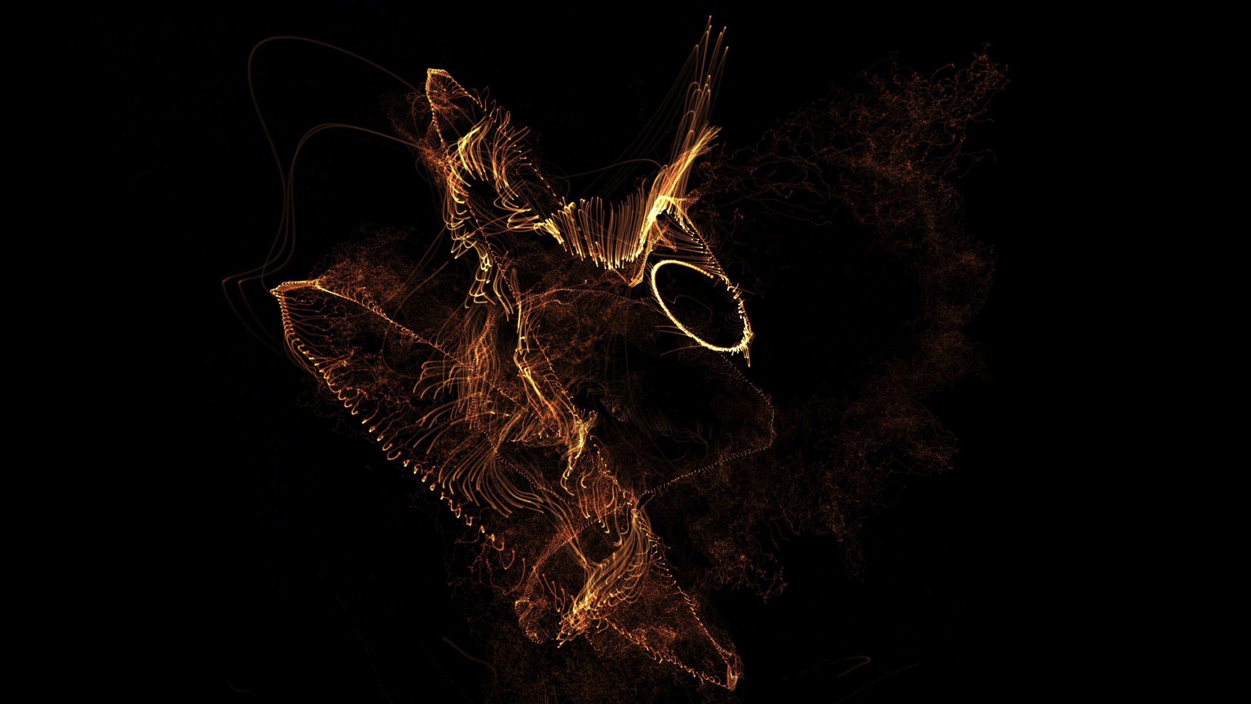 This 4K video loop animation depicts a dynamic fusion of fiery golden lines and particles that swirl in an elegant dance against a pitch-black backdrop.