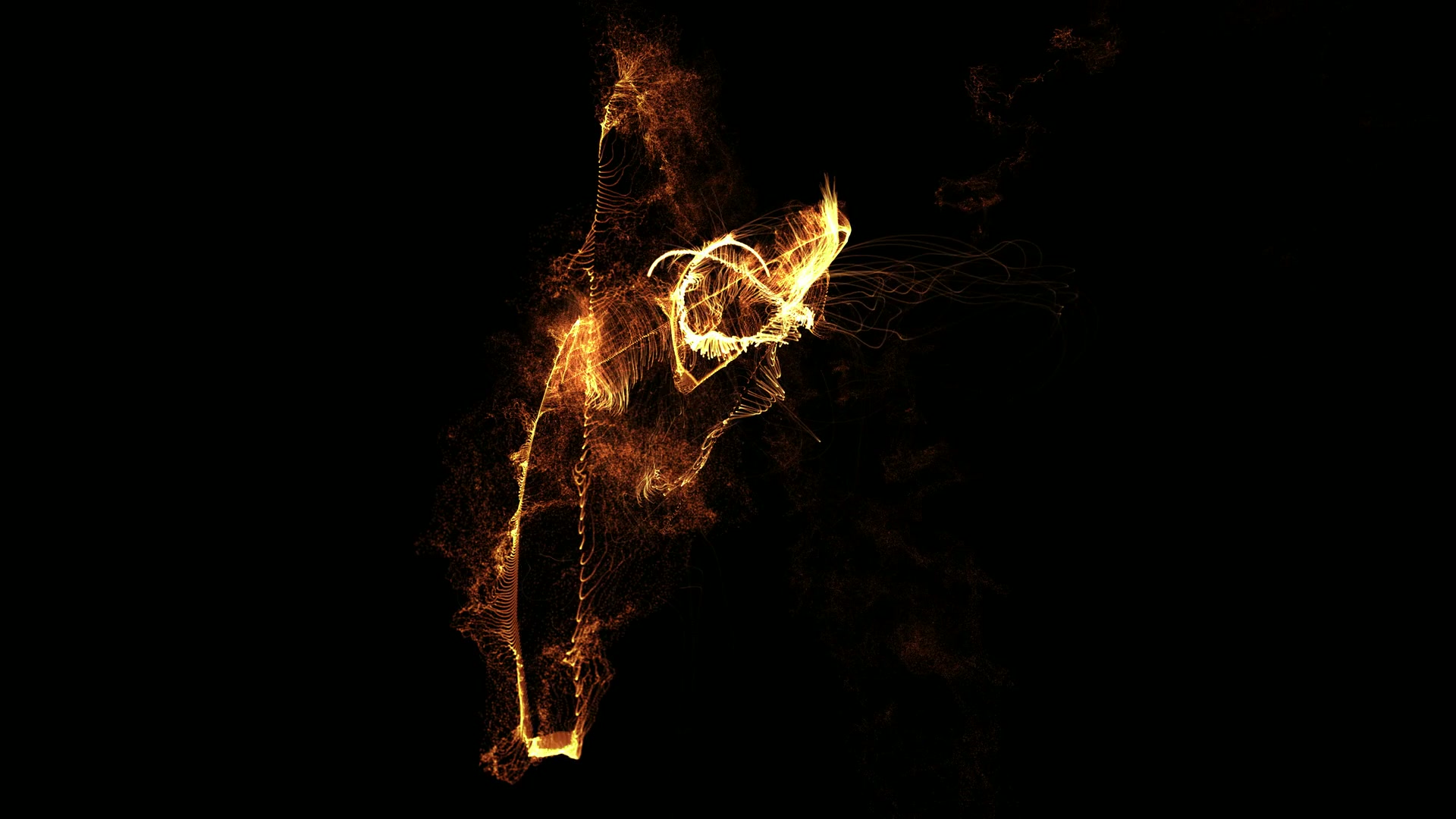 An abstract digital video loop with vibrant orange and yellow particles against a dark background.