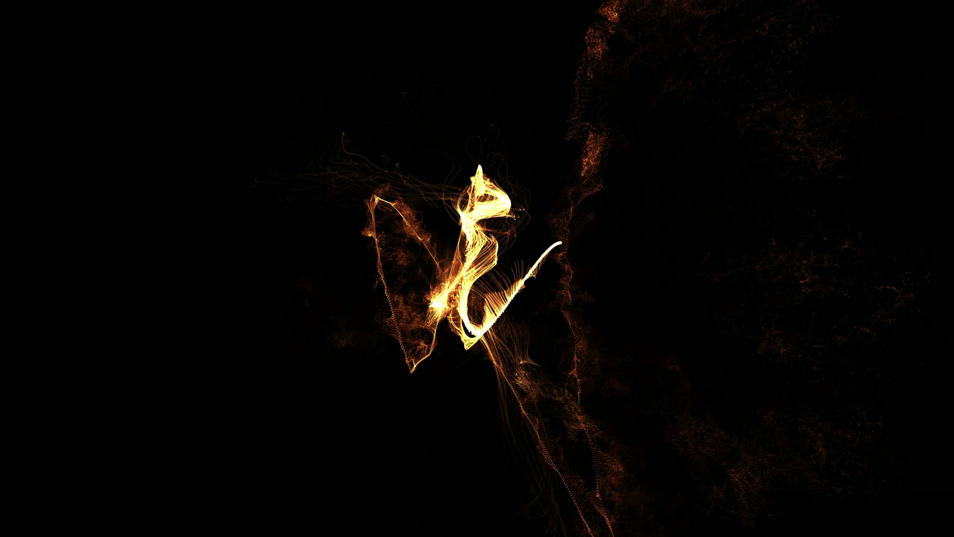 Abstract looping video animation featuring glowing orange and yellow light shapes against a black background, resembling flames or flowing ribbons, creating a dynamic and ethereal visual impression.