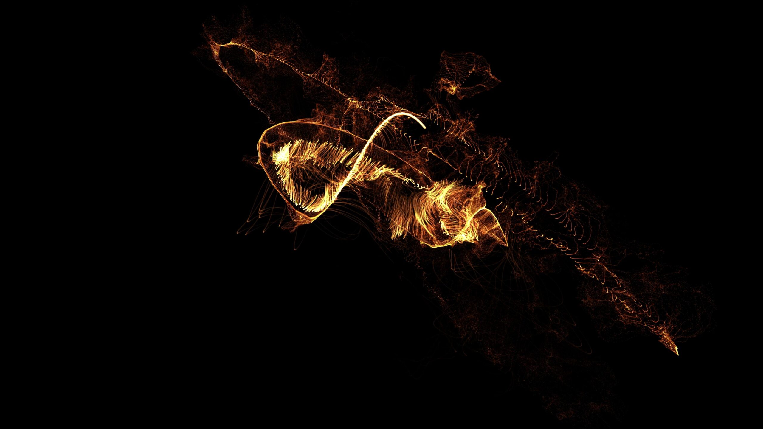 Glowing orange particle formations swirling dynamically across black video background.