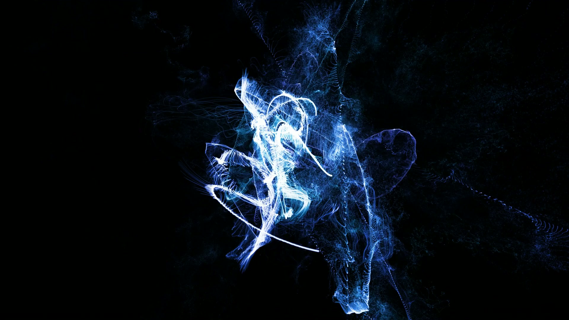 Abstract art video loop featuring swirling blue and white light against a dark background, creating an ethereal and dynamic visual experience reminiscent of smoke or electric currents.